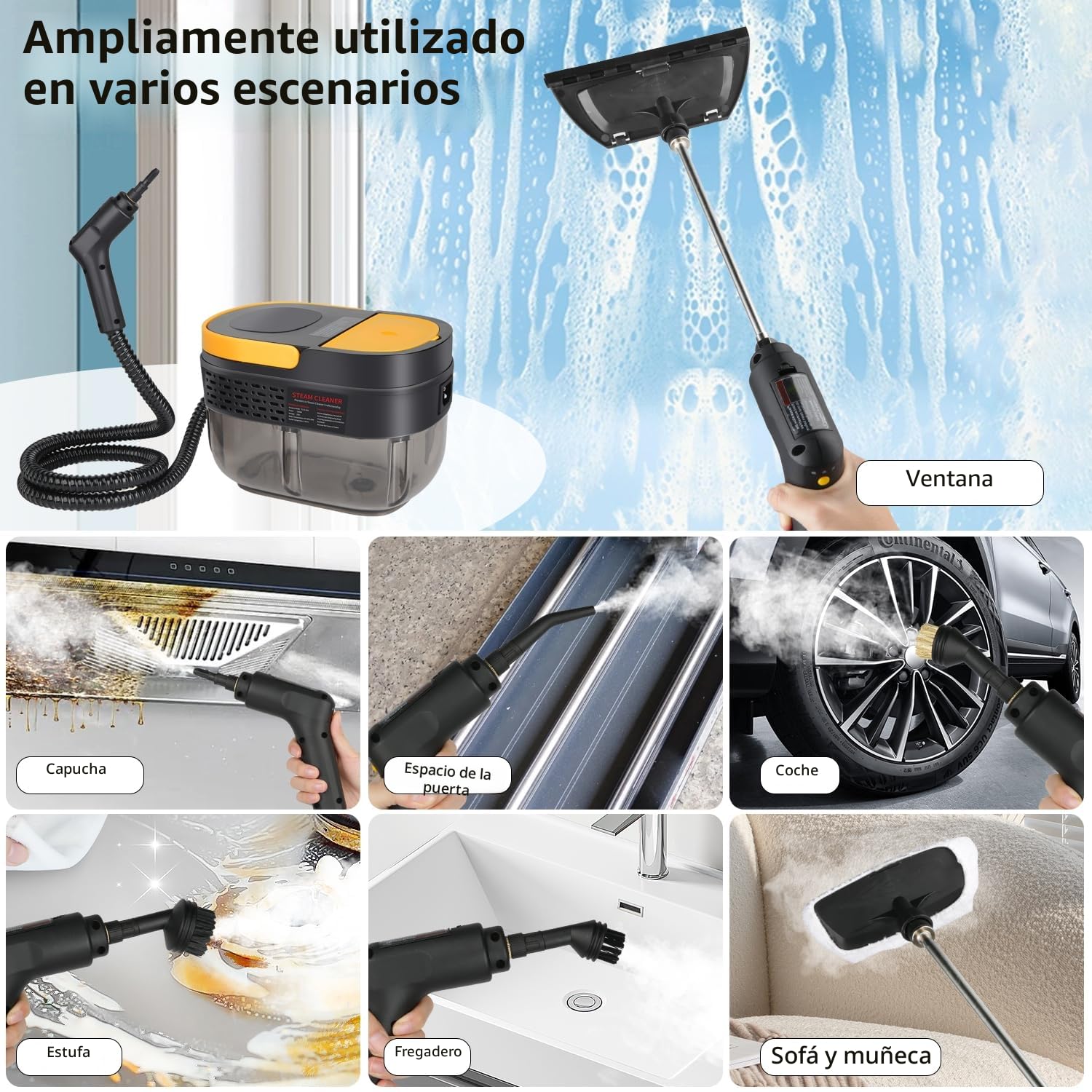 Vaporeta Limpieza Hogar 2500W, Depósito de Agua 1600ML, Mango Regulable en 3 Niveles, Alta Temperatura 105℃ y Presión 3Bar, Calentamiento Rápido 15s, 10 Accesorios, para Coche, Cocina (Negro)