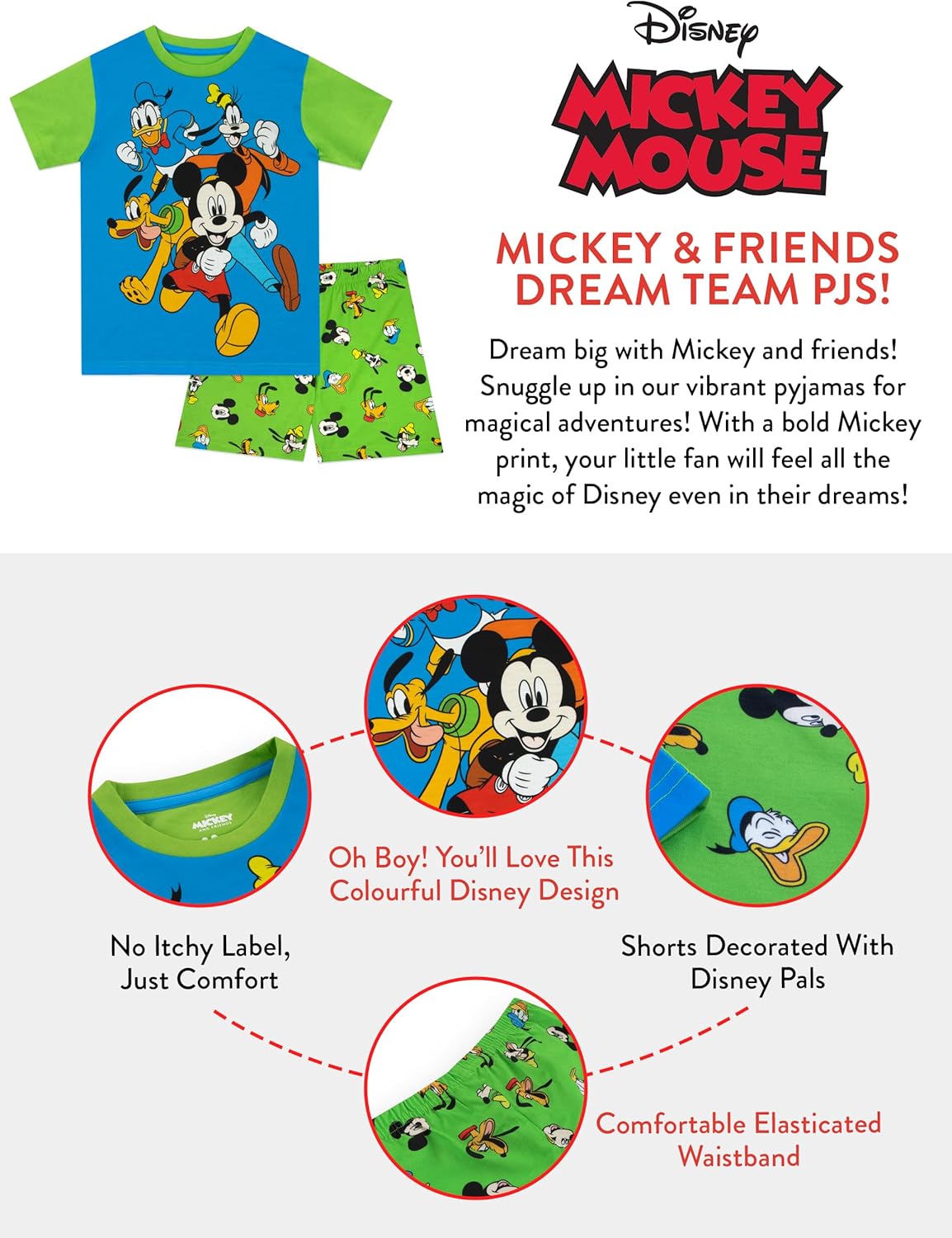 Disney Mickey Mouse Pajamas | Mickey Pjs | Boys Summer Pajamas | Sizes 18M To 8