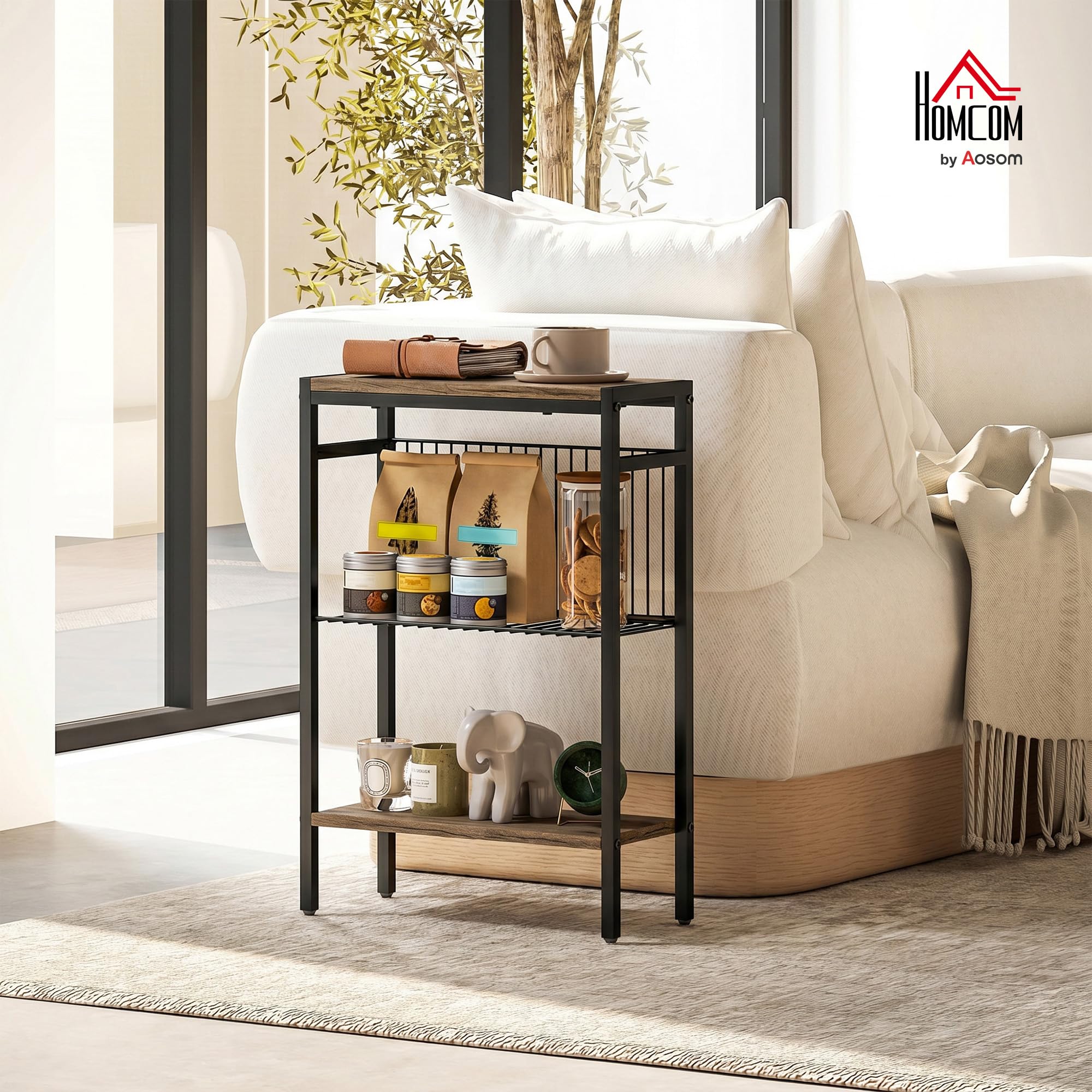 HOMCOM Tavolino stretto a 3 livelli, tavolino industriale con ripiani aperti e struttura in acciaio per soggiorno, camera da letto, 43 x 18 x 62,5 cm, grigio