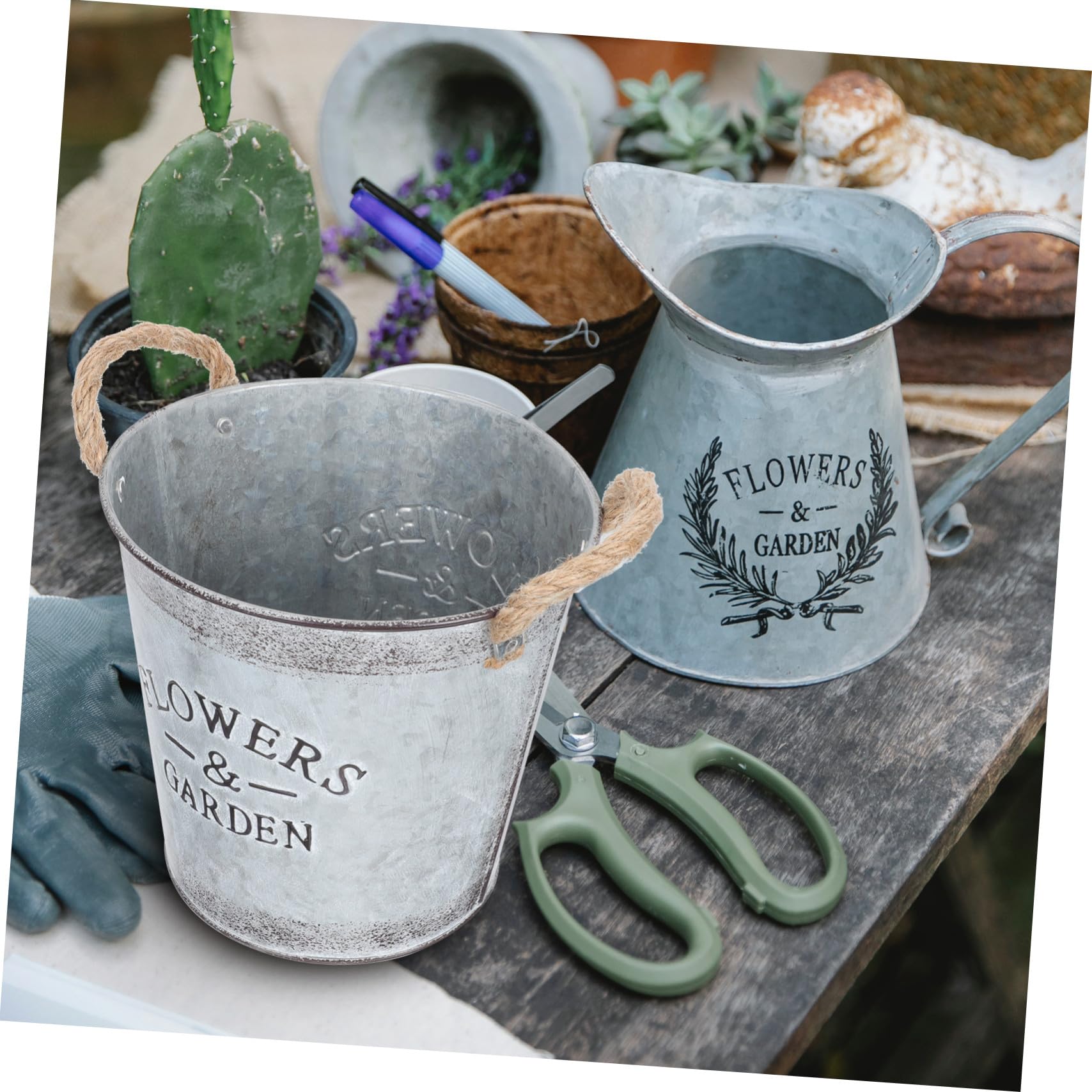Angoily Blumentopf Vintage Blumenvase Metall Rustikal Übertopf Blumeneimer Blumenkasten Sukkulenten Topf mit Griff Shabby Chic Deko für Büro Balkon Garten Wohnzimmer Deko 3 Stück