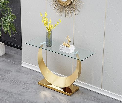 Miniatura 4 de Mesa consola de cristal de lujo, mesa de sofá de entrada de 47 pulgadas con marco de acero inoxidable en forma de luna dorada y parte superior de