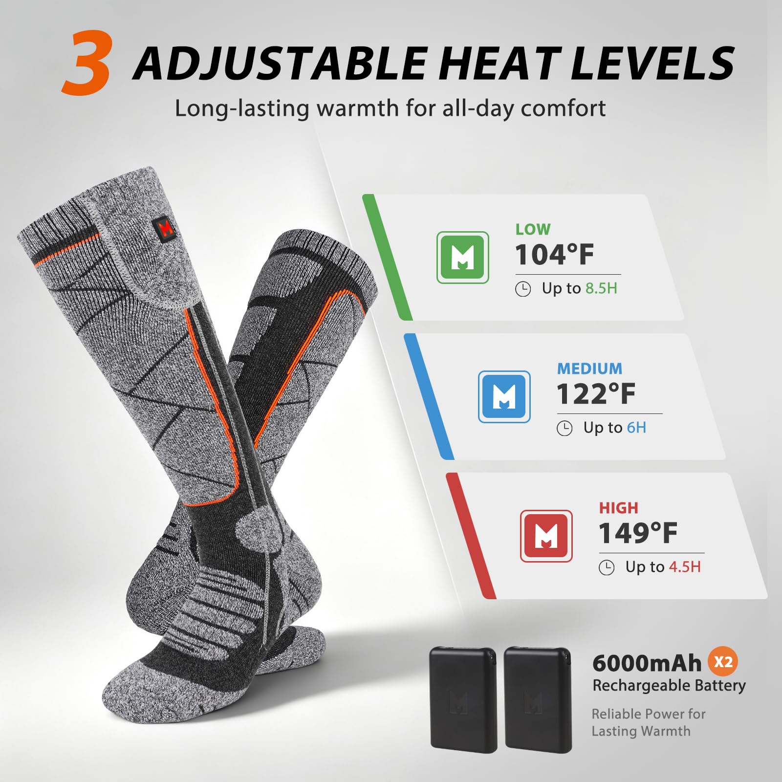 Beheizbare Socken für Herren Damen (Grau/Orange EU)