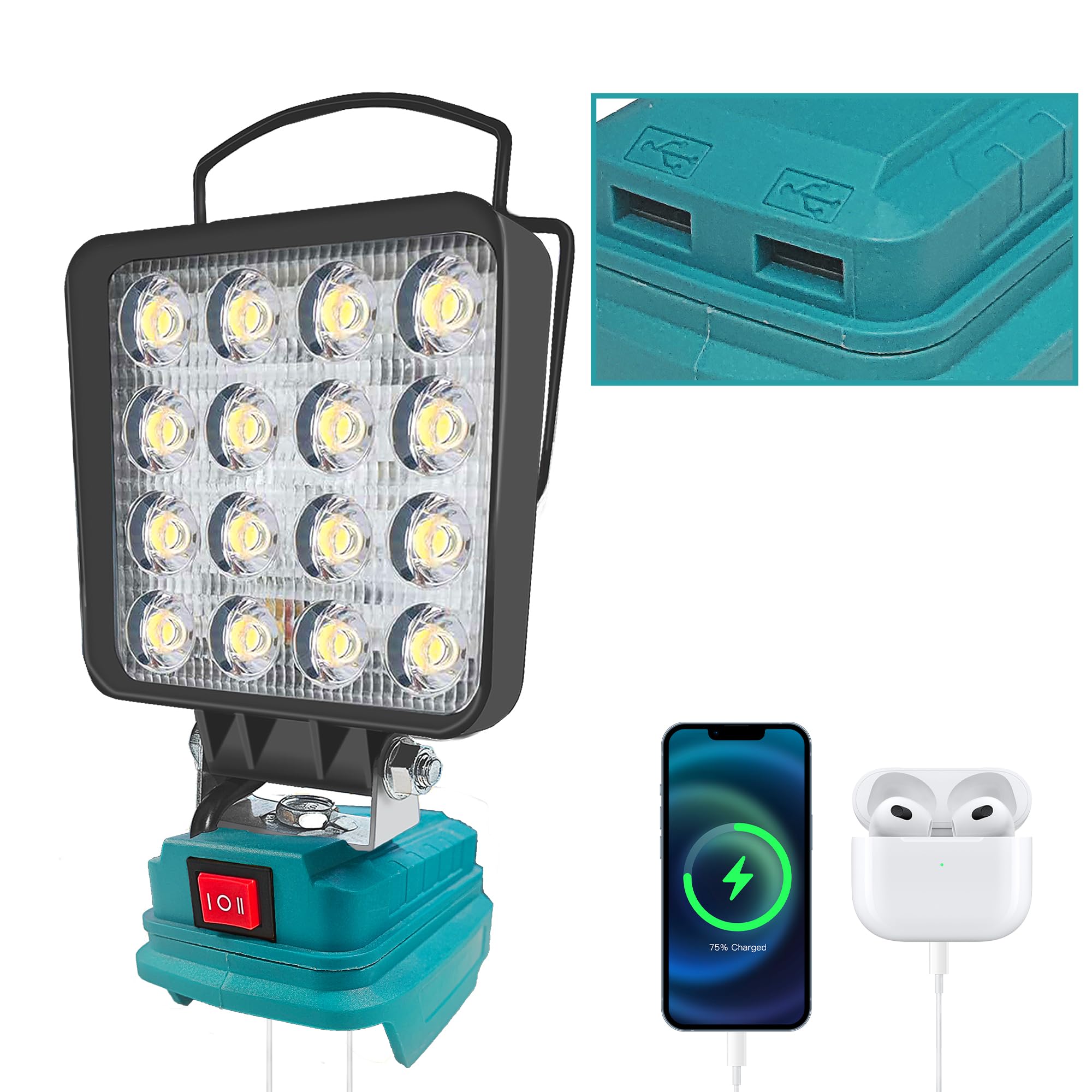 Battery Lamp for Makita 18V Battery, 48W 4800LM LED Work Light with 2 USB Charging, LED Portable Floodlights for Work Lighting, Construction Site, Auto Repairs, Camping, Hiking (without Battery)