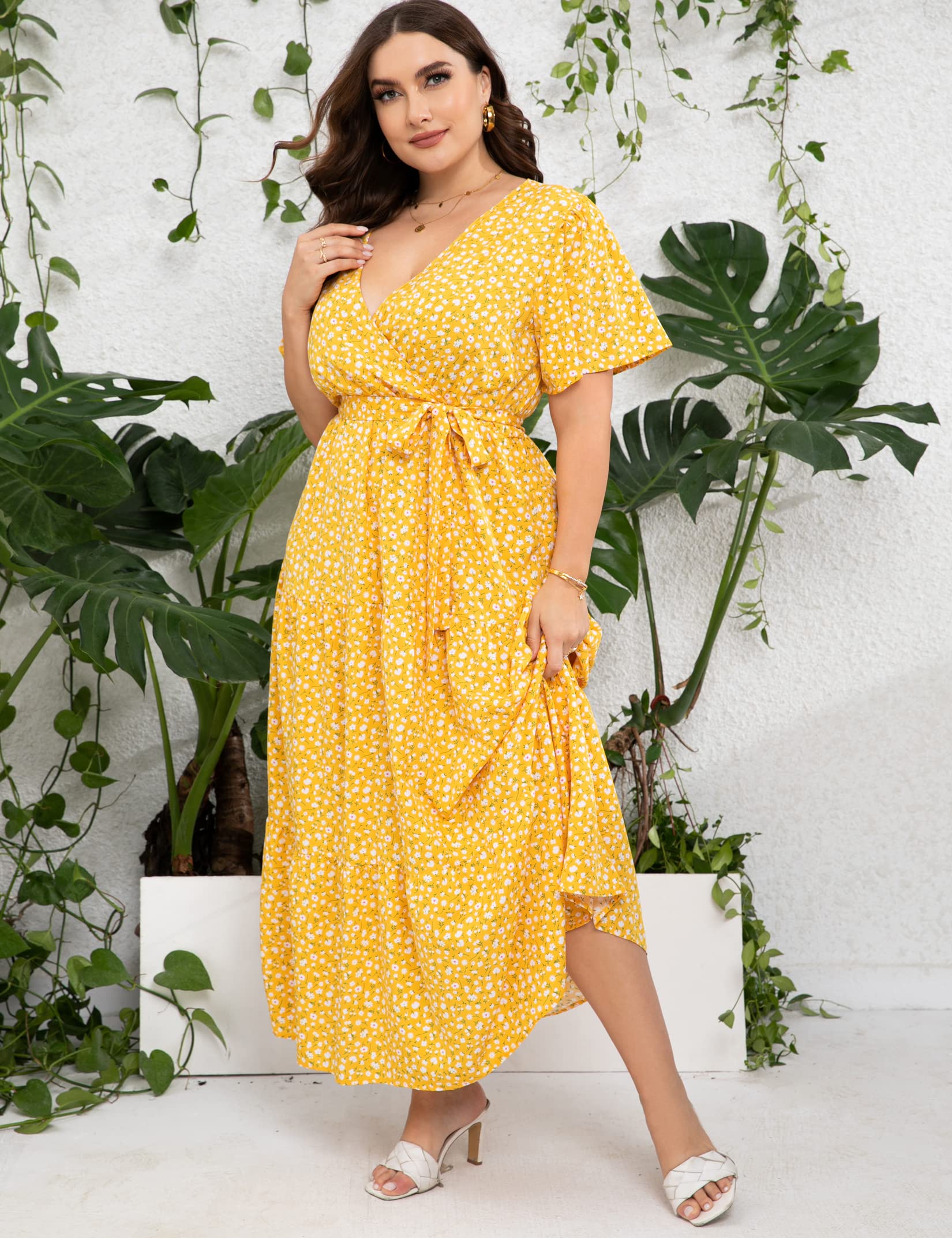 ShopWonder Womens Plus Size V Neck Wrap Maxi High Waist Ruffle Summer Casual Dress with Belt Vestido para Mujer