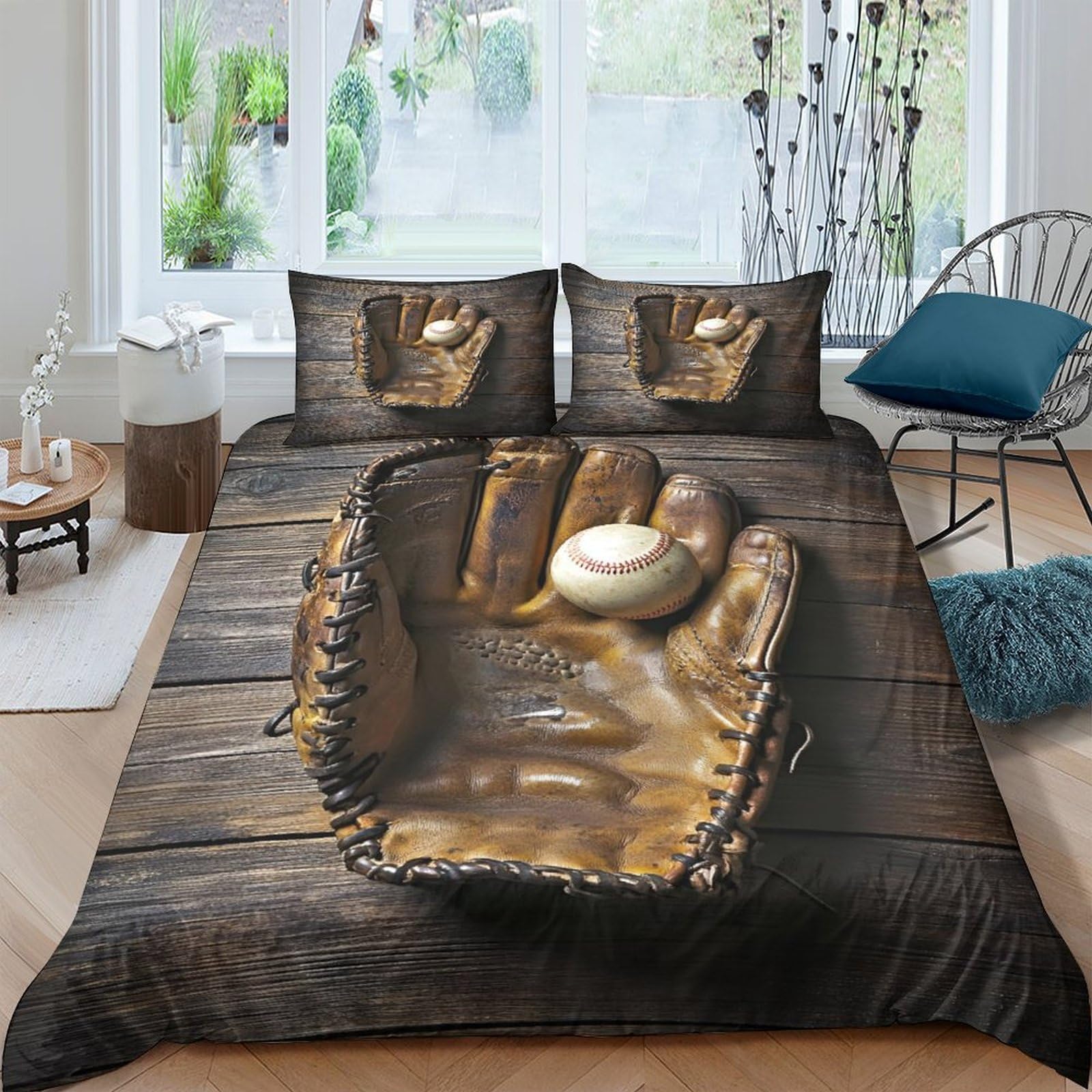 Ctjqhvkz Style-1 3D Printed Baseball Glove Fitted Sheet Microfiber Soft Brown Wood Bed Cover For Bedroom Dorm Mattress Decor Single（135X200cm）