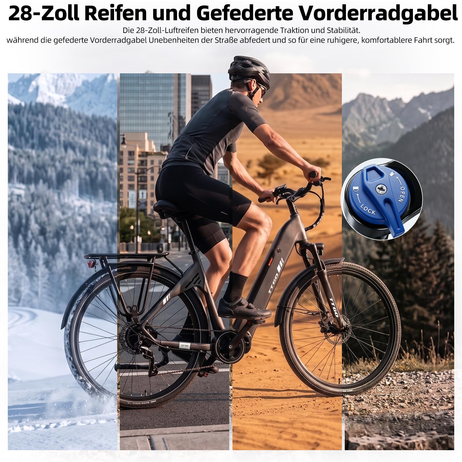 ttgo C7 SE Vélo électrique 28" pour homme et femme avec moteur central de 250 W, batterie 36 V 18 Ah, 9 vitesses jusqu'à 25 km/h, portée de 130 à 150 km, freins à disque hydrauliques