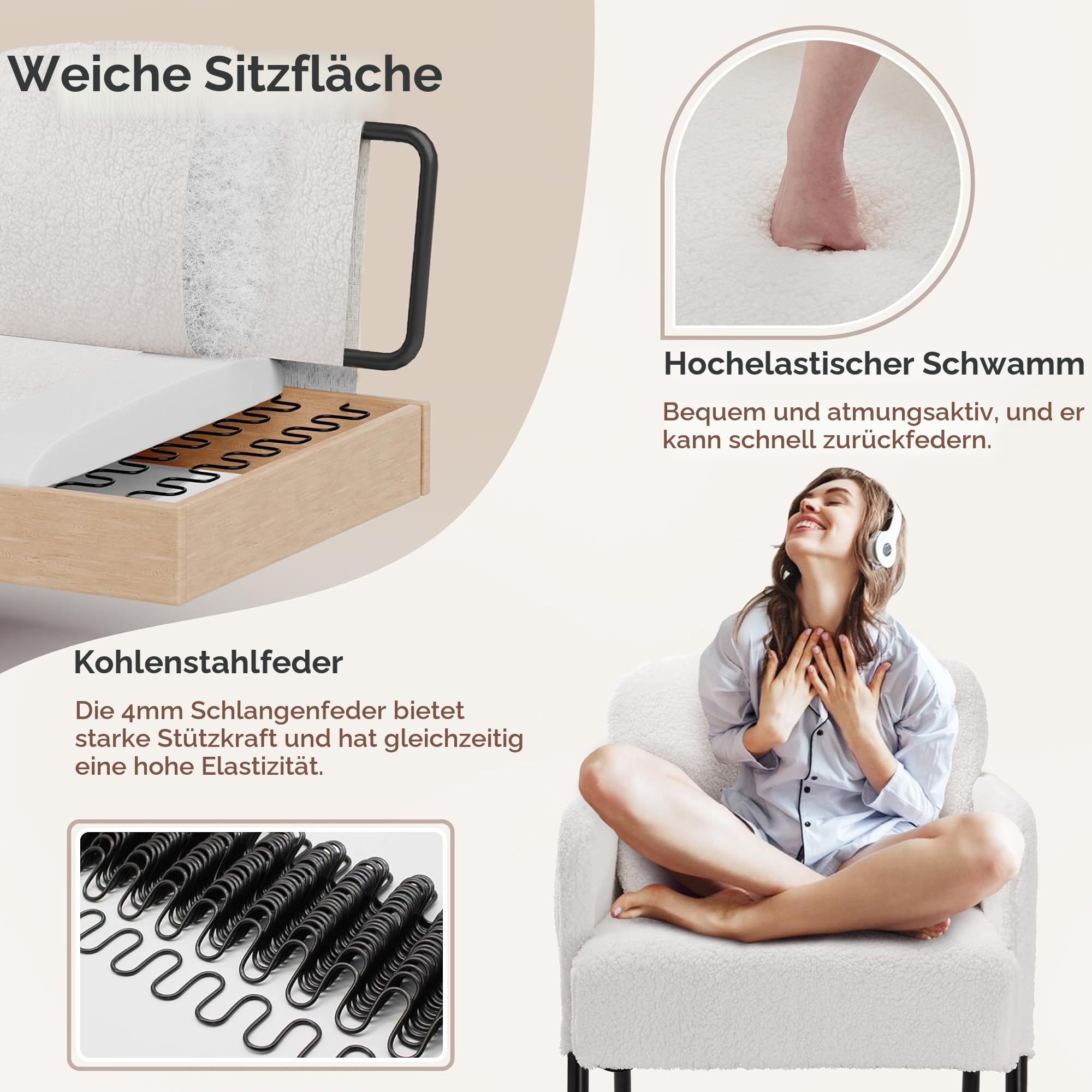 Mondeer Sessel, Einzel Loungesofa mit Seitentasche mit Metallbeinen Gemütlicher Kunstlammfell Stoff Modern, für Wohnzimmer Schlafzimmer Arbeitszimmer, 63 x 75 x 75 cm, Weiß