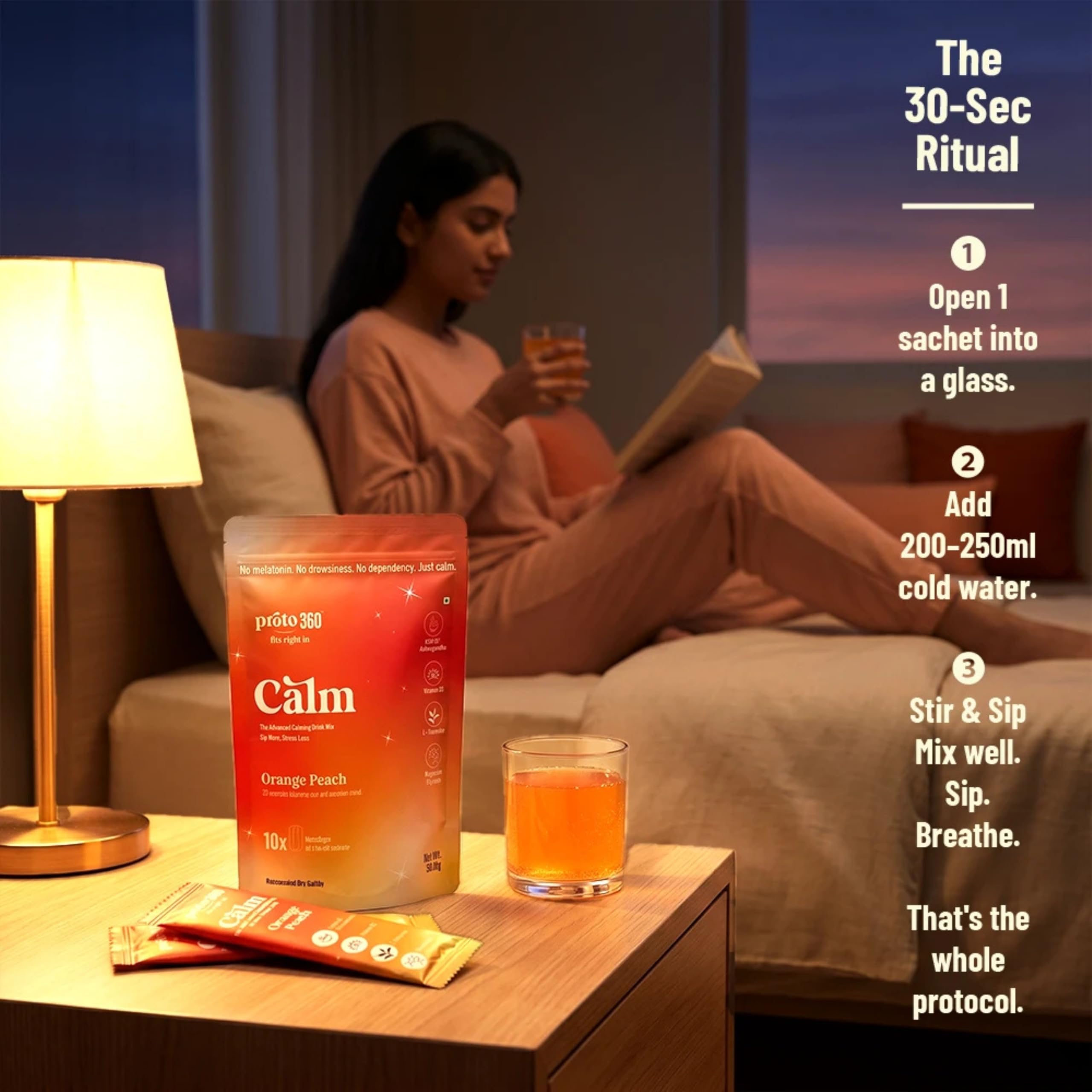 Calm | For Deep Sleep, Relaxation & Calmness | Cortisol Reducer and Sleep Supplement | KSM-66 Ashwagandha, L-Theanine, Magnesium Glycinate, Vitamin D3 | India's First Melatonin Free Calming Drink Mix | Orange Peach (10 Sachets) | Regulates Sleep Cycle | No Added Sugar — Amazon image 7