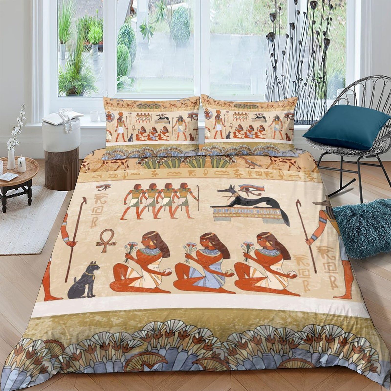 Ctjqhvkz Style-10 3D Printed Egyptian Hieroglyph Fitted Sheet Microfiber Soft Breathable Ancient Egypt Mattress Cover For Bedroom Guest Room Decor Single（135X200cm）