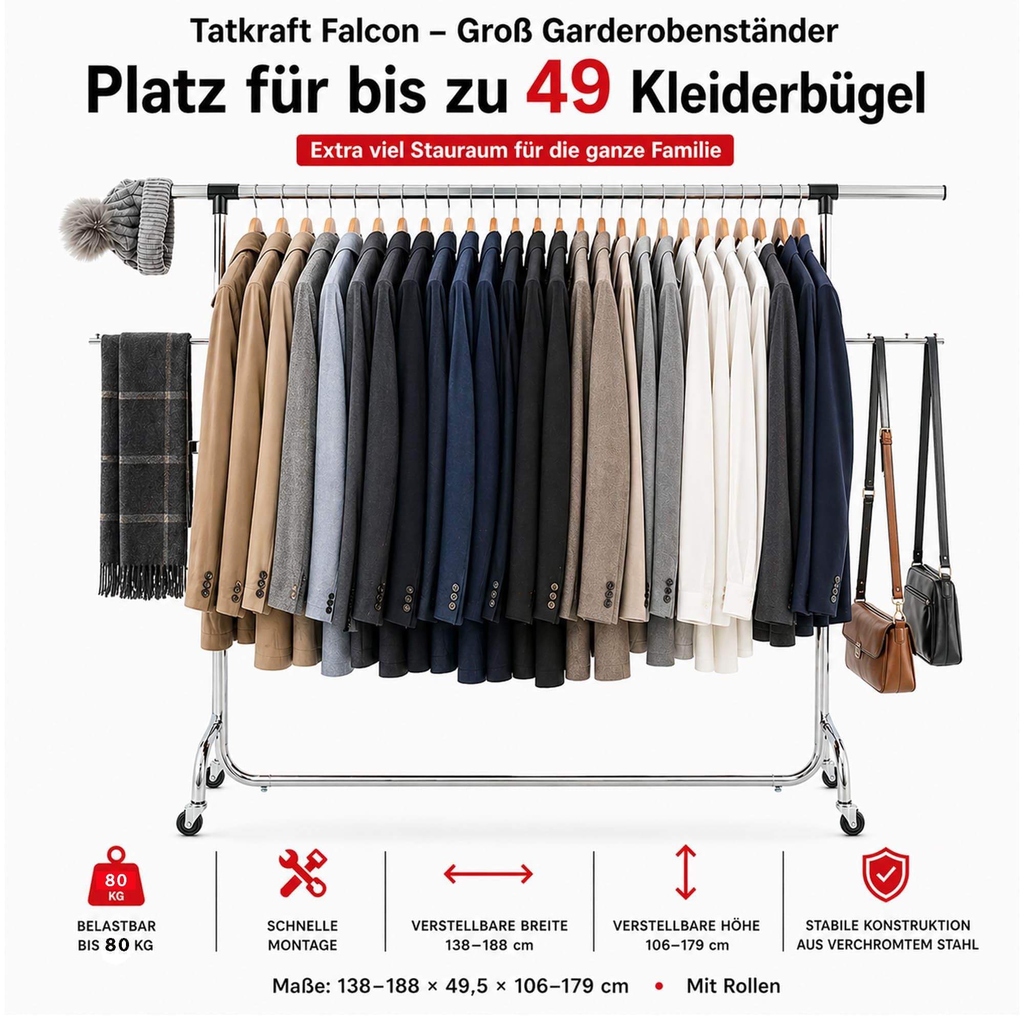 Tatkraft Falcon Kleiderständer auf Rollen, Verstellbare, Verchromt Stahl | Kleiderständer Stabil, bis 80 kg, Kleiderstange verstellbare 138 -188 X 49,5 X 106-179 cm, Garderobenständer, Groß