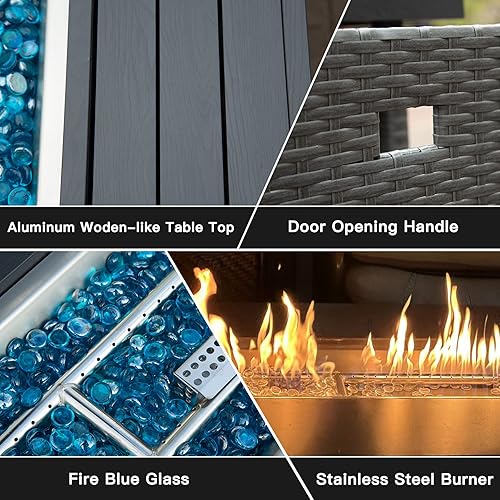 Miniatura 5 de Domi - Mesa de mimbre para fogata de gas propano de 43 pulgadas, 50,000 BTU con certificación CSA con mesa de aluminio similar a la madera,