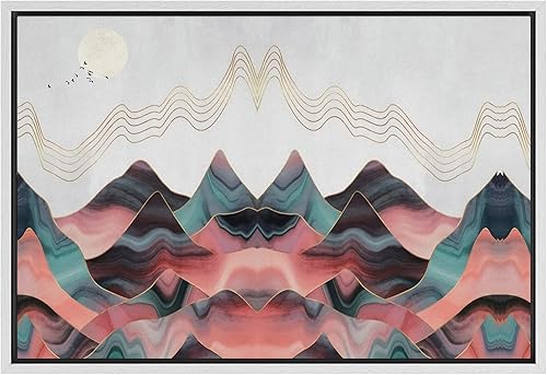 SIGNFORD - Lienzo con montura para la pared, montañas simétricas rosa y verde azulado, ilustraciones abstractas de zonas silvestres, arte moderno,