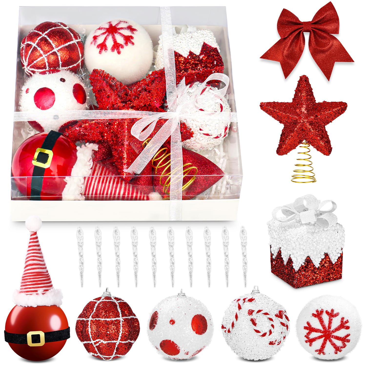 Set de Decoración Navideña Rojo y Blanco, 8cm 18 Piezas de Decoración Navideña de Plástico,Árbol de Navidad Inastillable Decoración de Pared con Cordón, Decoración del Hogar
