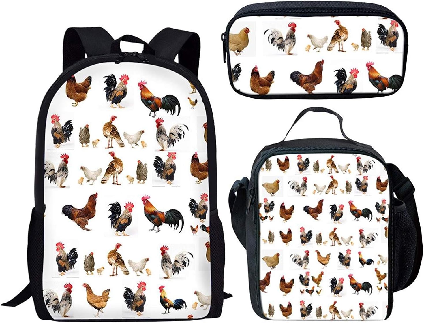 doginthehole Chicken Print Backpack Set 3 Piece Shoulder School Book Bags for Kids Boys Girls