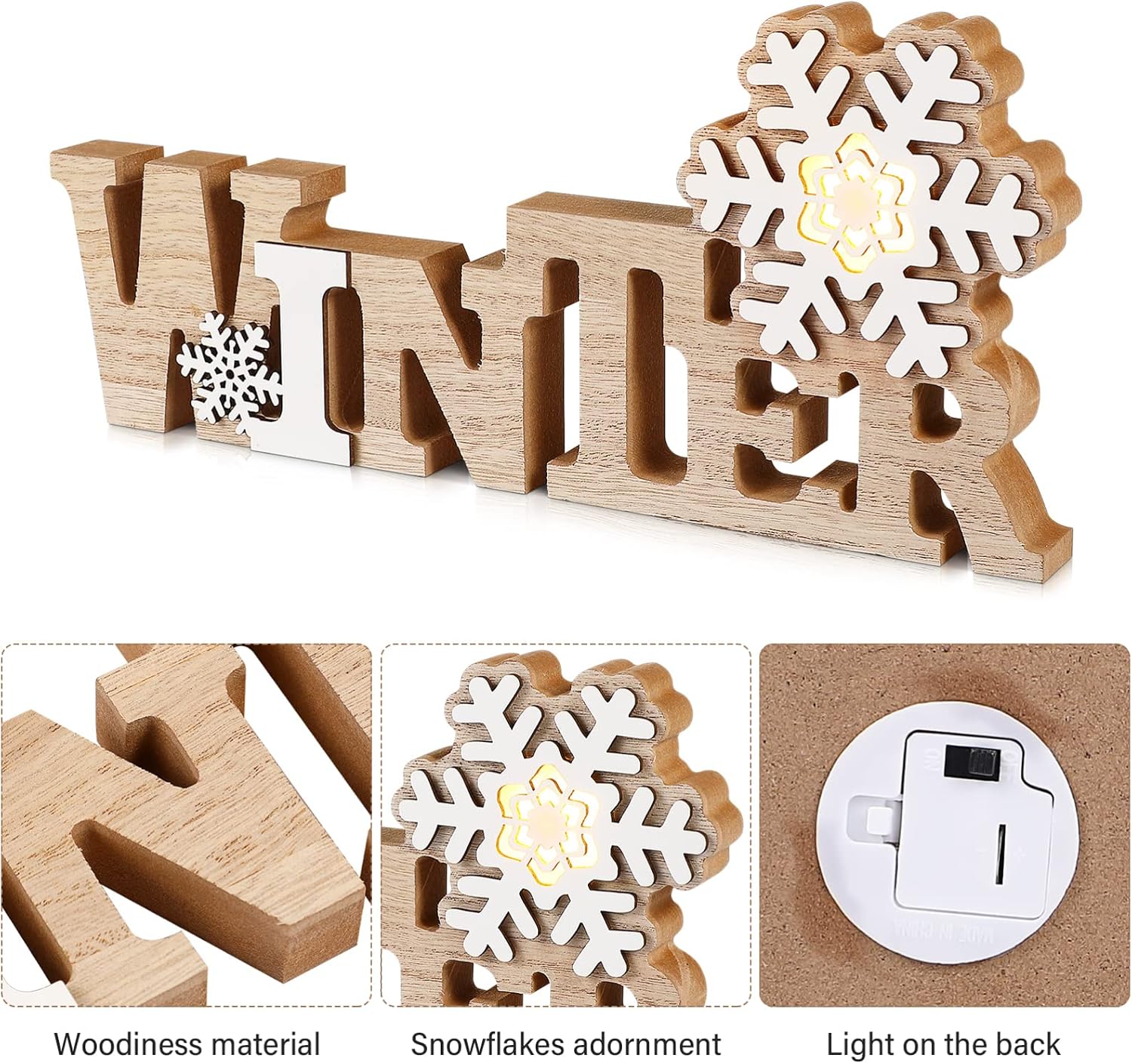 NOLITOY Winter Snowflake Wood Sign with LED, Christmas Tabletop Decoration Wooden Plaque Freestanding for Xmas Table Party
