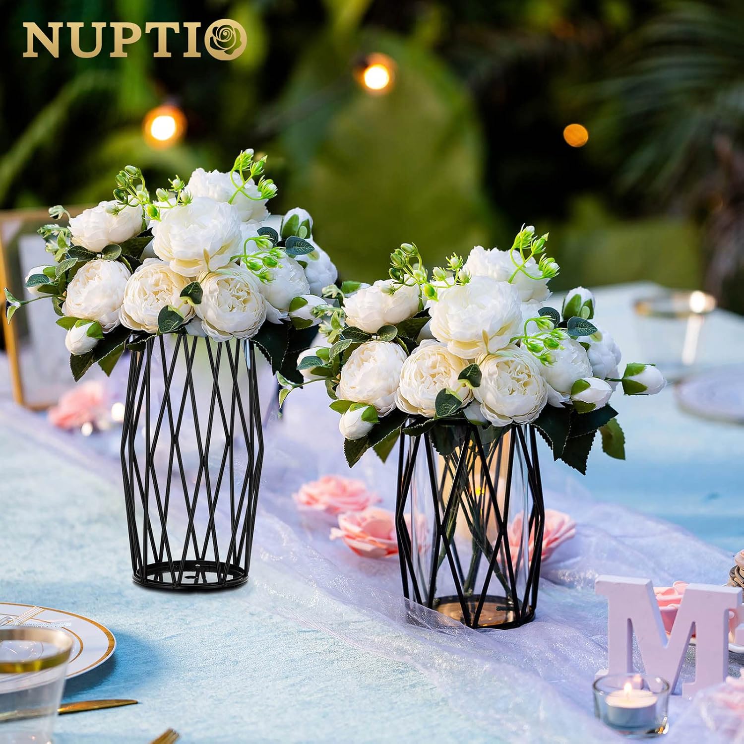 Nuptio Black Pillar Candle Holders - Glass Candles Holder with Geometric Metal Rack Stand for Wedding Birthday Party Centerpieces - Flower Vase Small Hurricane Vases for Office Living Room