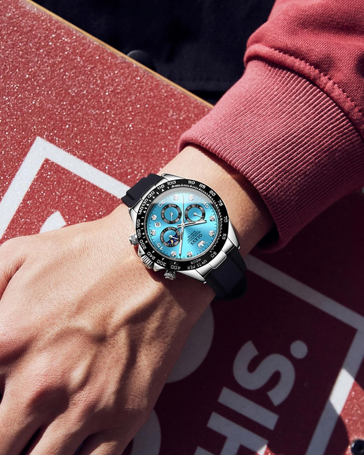 OLEVS Men Analog Quartz Waterproof Watches Multifunction Chronograph Diamond Moon Phase Luminous Silicone Band Wrist Watches - Image 5