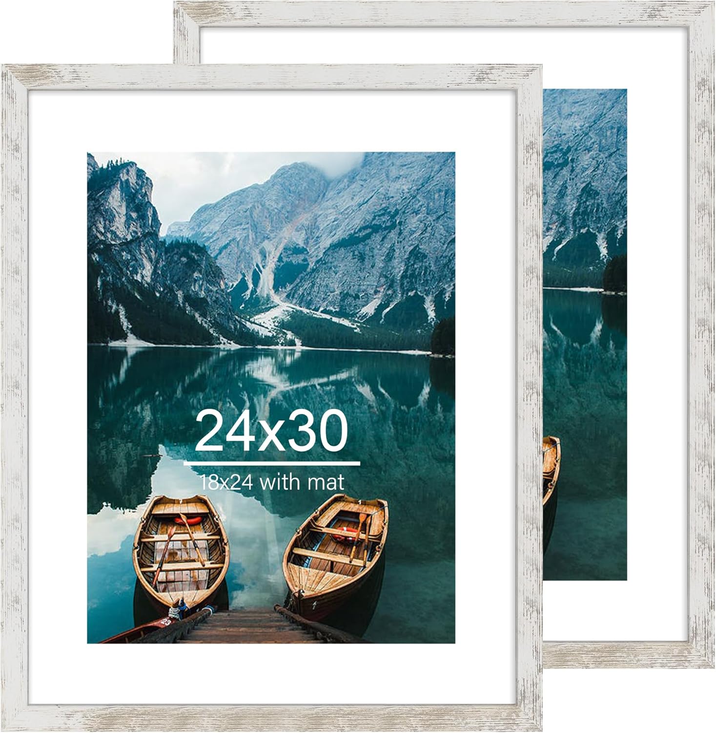 24x30 Frame Set of 2, Distressed White Wood Style - Display 18x24 Picture Frame with Mat or 24 x 30 Poster without Mat, Wall Mounting Horizontal and Vertical Distressed White 24x30 in