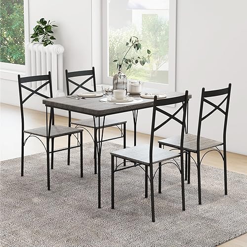 Miniatura 8 de Giantex Juego de mesa de comedor de 5 piezas, moderna mesa de comedor rectangular y 4 sillas de comedor con marco de metal, juego de muebles de