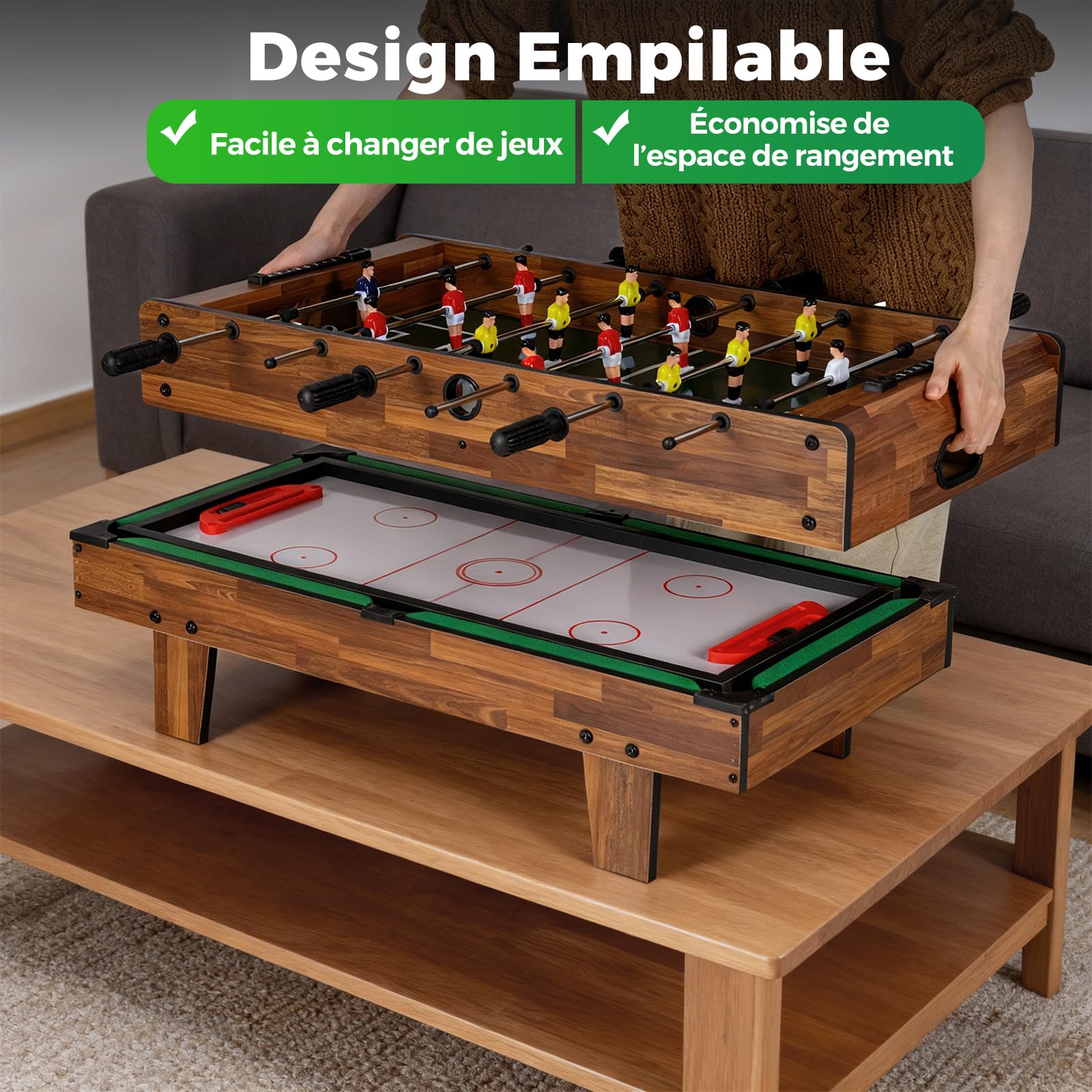 GOPLUS 4 en 1 Table Multijeux Pliante, Table Babyfoot Air Hockey Ping-Pong Billard, Jeu Multiple en PP+MDF avec 81,5x43x29,5CM (Marron)