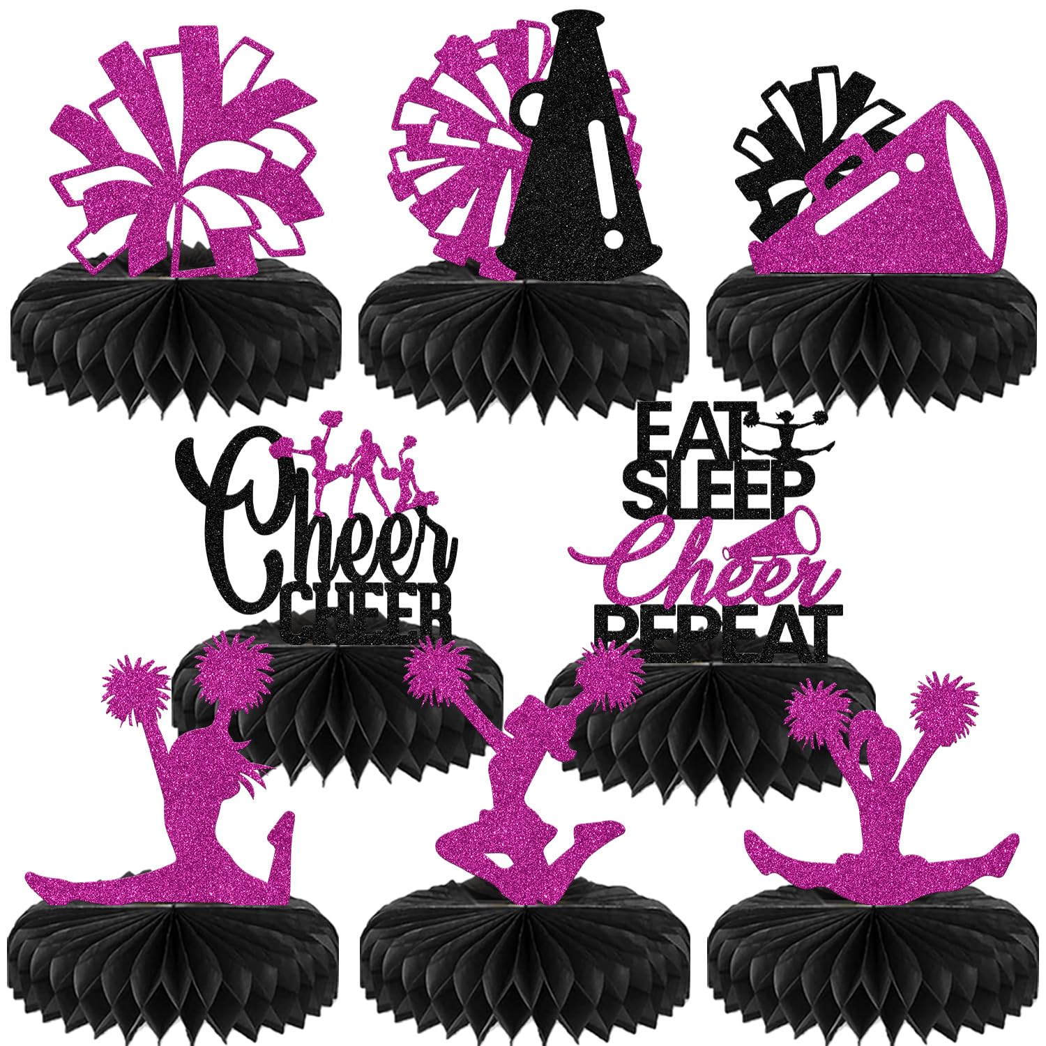 8Pcs Cheerleader Honeycomb Centerpiece Cheerleading Birthday Party Decoration Gymnastics Bachelorette Party Decoration Rose Red Black Glitter