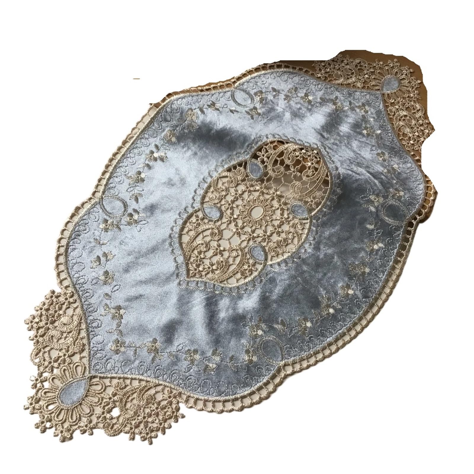 ZNTIHZ Retro Embroidered Lace Placemat Flannel Tea Cup Mat Coaster Tablecloth Pastoral Bedside Table Party Decoration For Furniture Dresser(Grey,38x90cm)