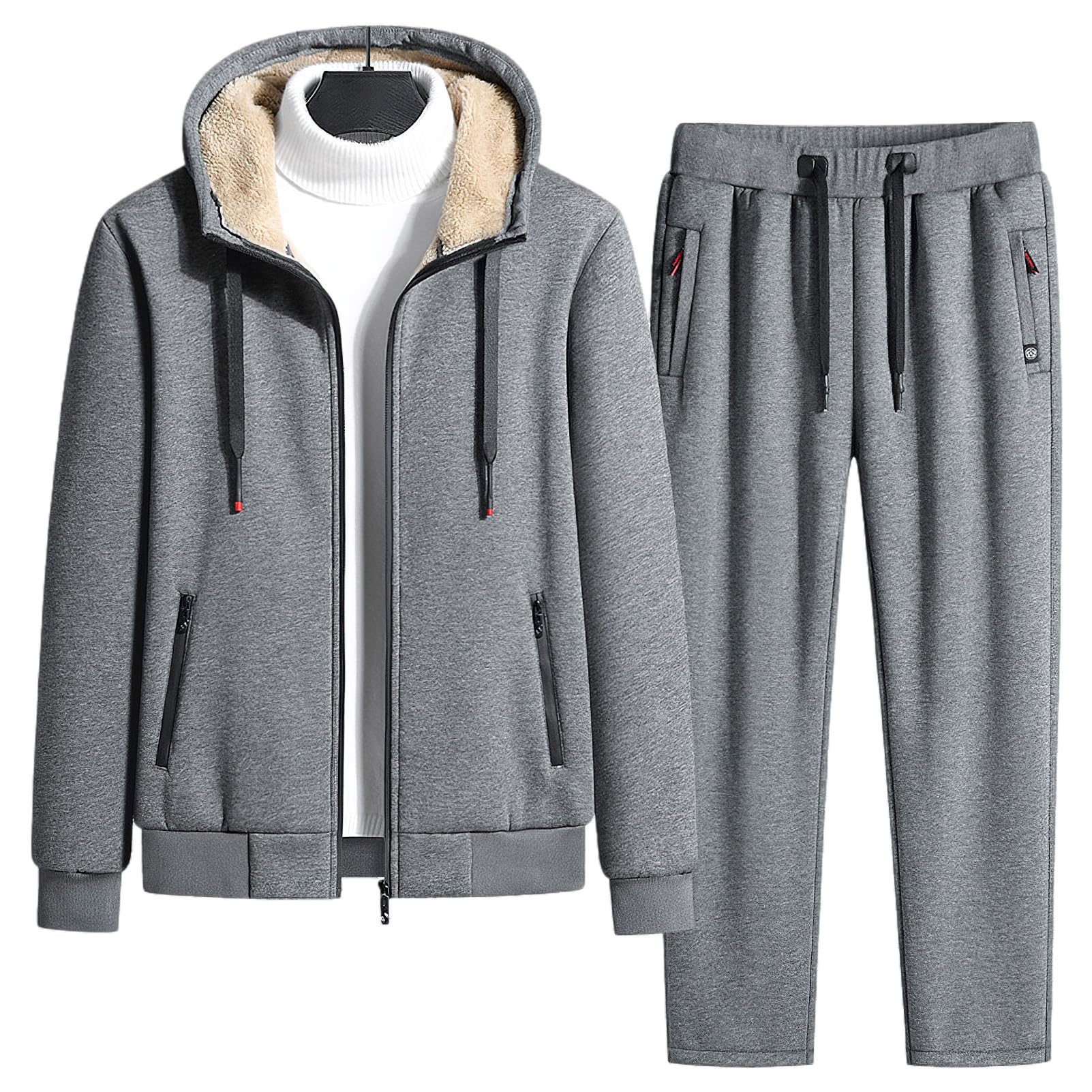 Hombre Invierno Conjunto de Chándal de Algodón con Forro Polar Chaqueta con Capucha y Pantalones Deportivos con Bolsillos con Cremallera