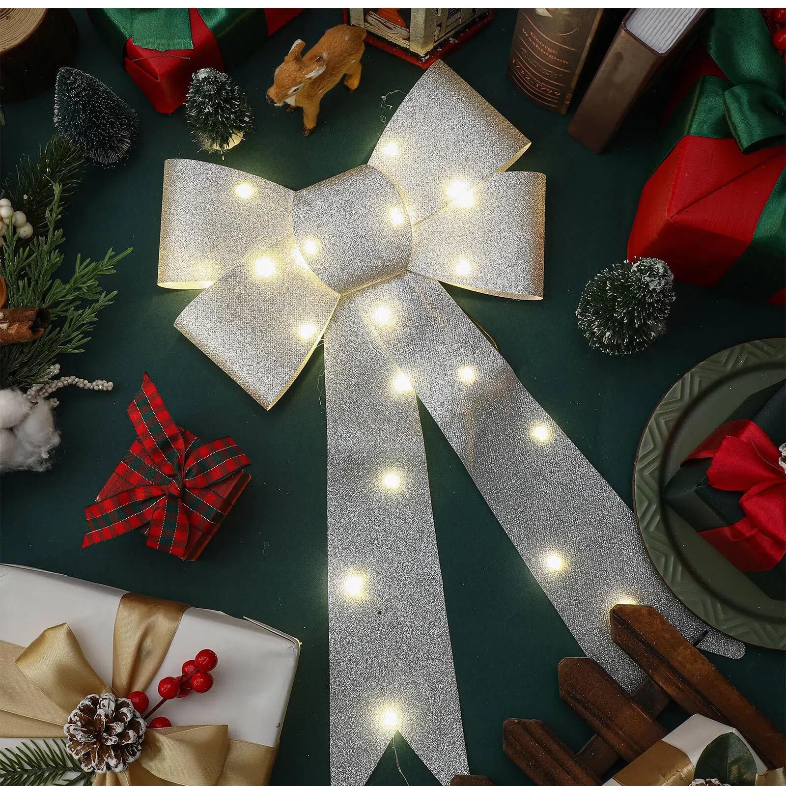 Liliful Lot de 3 nœuds de sapin de Noël à DEL pour couronne de sapin de Noël - Décoration de Noël pour la maison, l'intérieur et l'extérieur - 45,7 x 25,4 cm (argenté)
