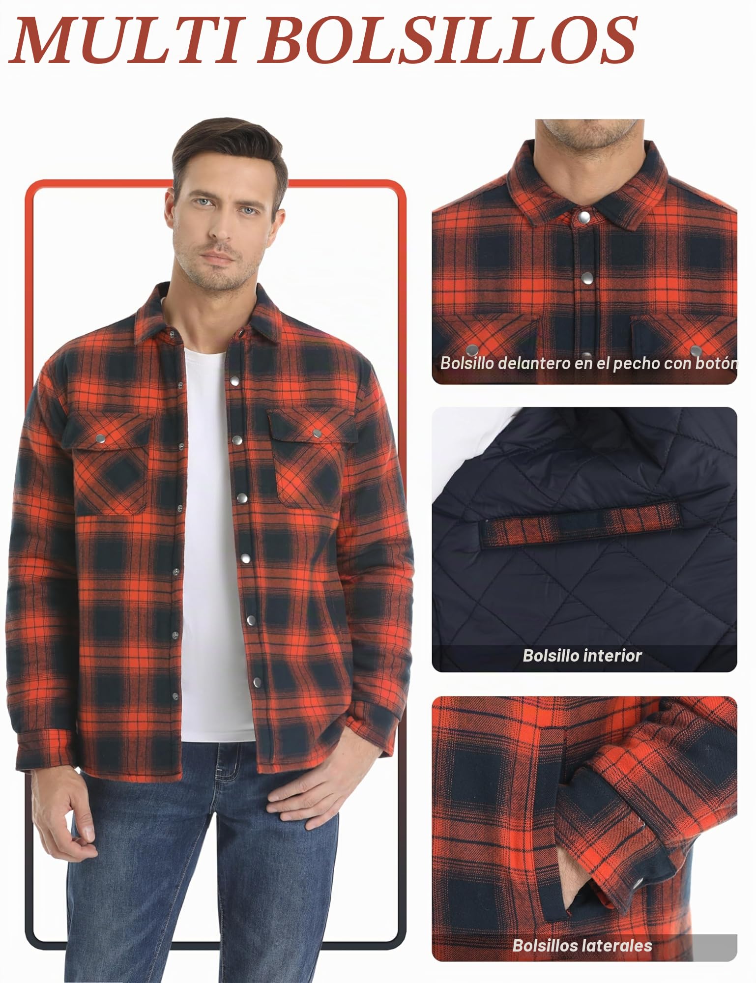 KEFITEVD Camisa A Cuadros Cálida para Hombre Camisas A Cuadros Manga Larga Casual Primavera Tops con Bolsillos Algodón