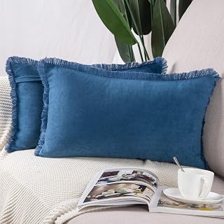 Madizz Set of 2 Suede Cushion Covers with Fringe Tassels 12x20 Inch Blue Soft Decorative Throw Pillow Cases for Sofa Bedroom Pillow Shell