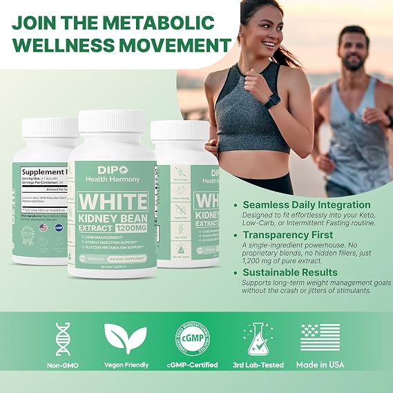 DIPO White Kidney Bean Extract Carb Blocker, 1200mg per Serving for Metabolism Boost & Ease Calories from Starchy Food - White Kidney Beans Supplement, Carb Control Supplements - 60 Vegan Capsules