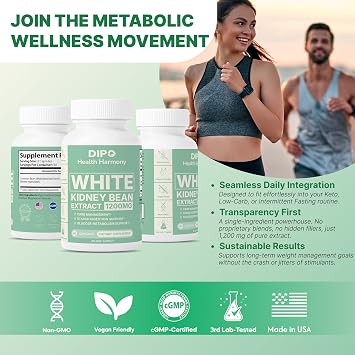 DIPO White Kidney Bean Extract Carb Blocker, 1200mg per Serving for Metabolism Boost & Ease Calories from Starchy Food - White Kidney Beans Supplement, Carb Control Supplements - 60 Vegan Capsules