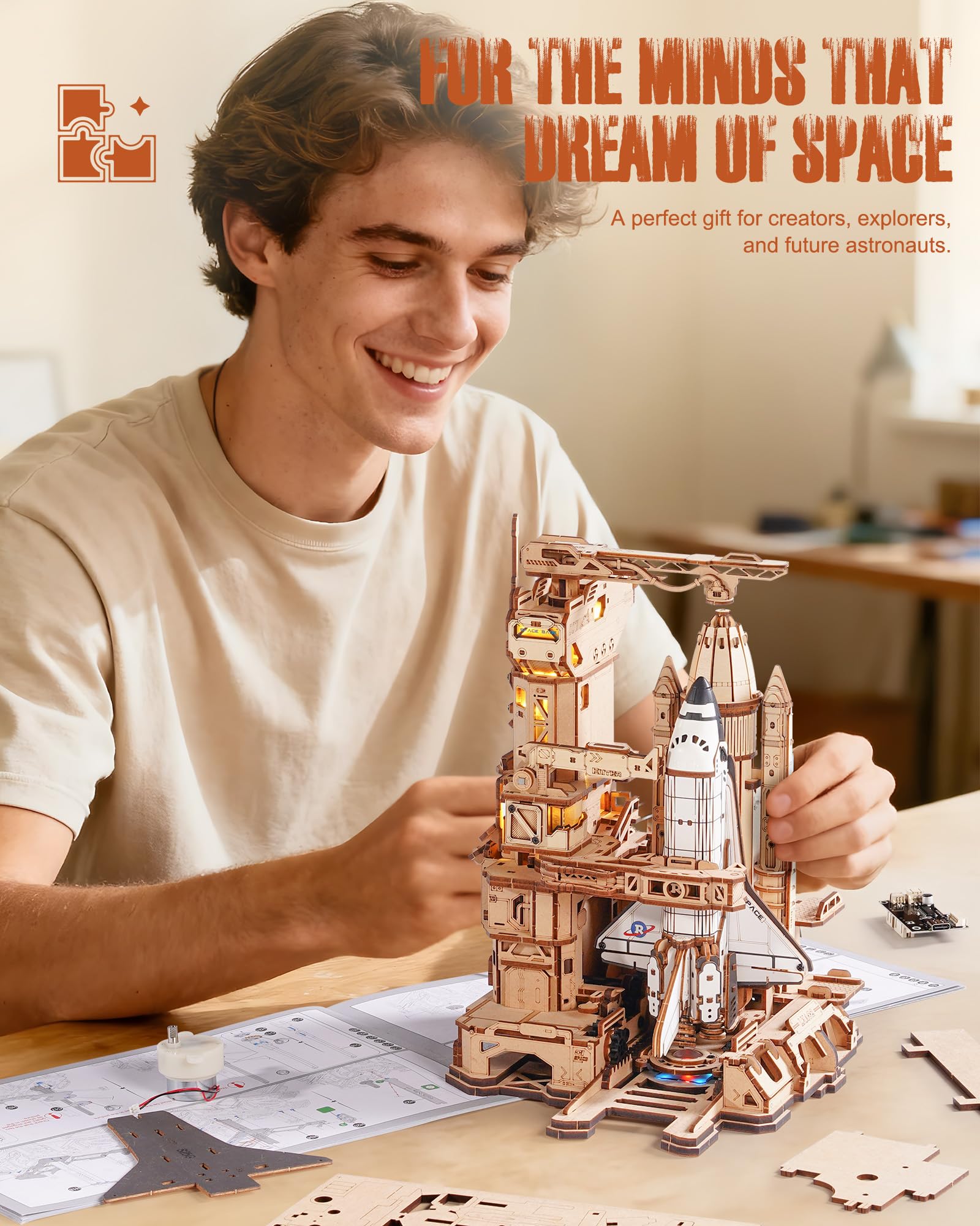 ROBOTIME LKA02 Drewniane puzzle wahadłowiec kosmiczny, zestaw modelowy dla dorosłych, mechaniczna baza startowa z efektami świecącymi i ruchem, zestaw do budowania statków kosmicznych, STEM prezent