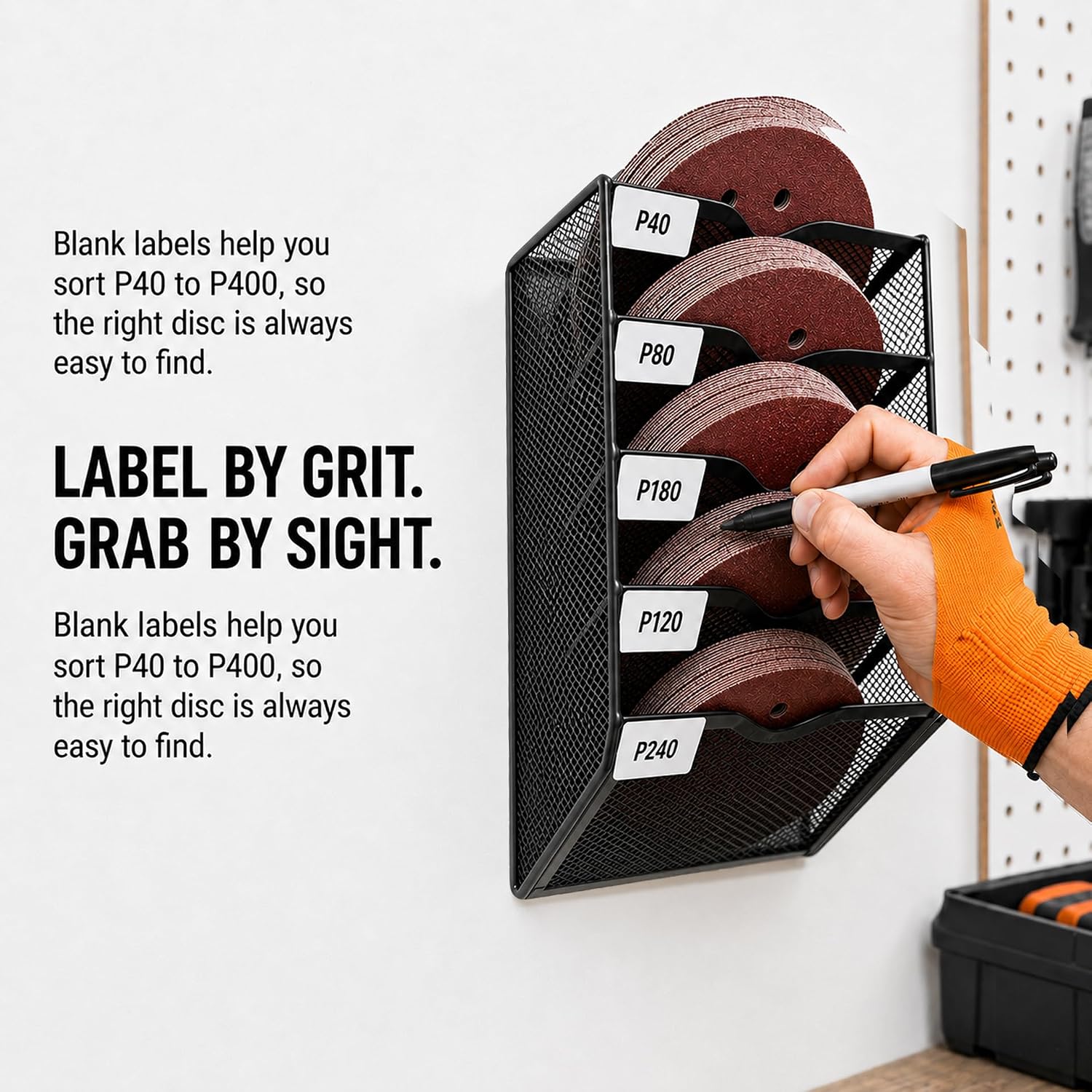 Sandpaper Organizer for 5 & 6 Inch Sanding Discs, 5-Slot Metal Mesh Vertical Sanding Disc Storage Holder, 150 Discs Capacity, Wall Mount, Grit Labels Included Woodworking Tool (Excluding Sandpaper) image 5