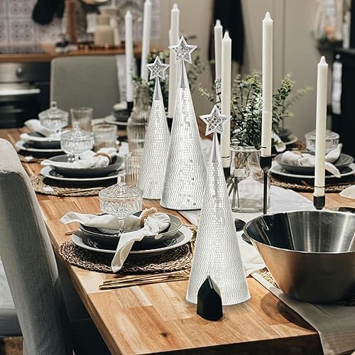 Miniatura 10 de Juego de 3 árboles de Navidad de cristal dorado, 17, 15, 13 pulgadas, pequeño árbol de Navidad hecho a mano, decoración de discoteca para decoración