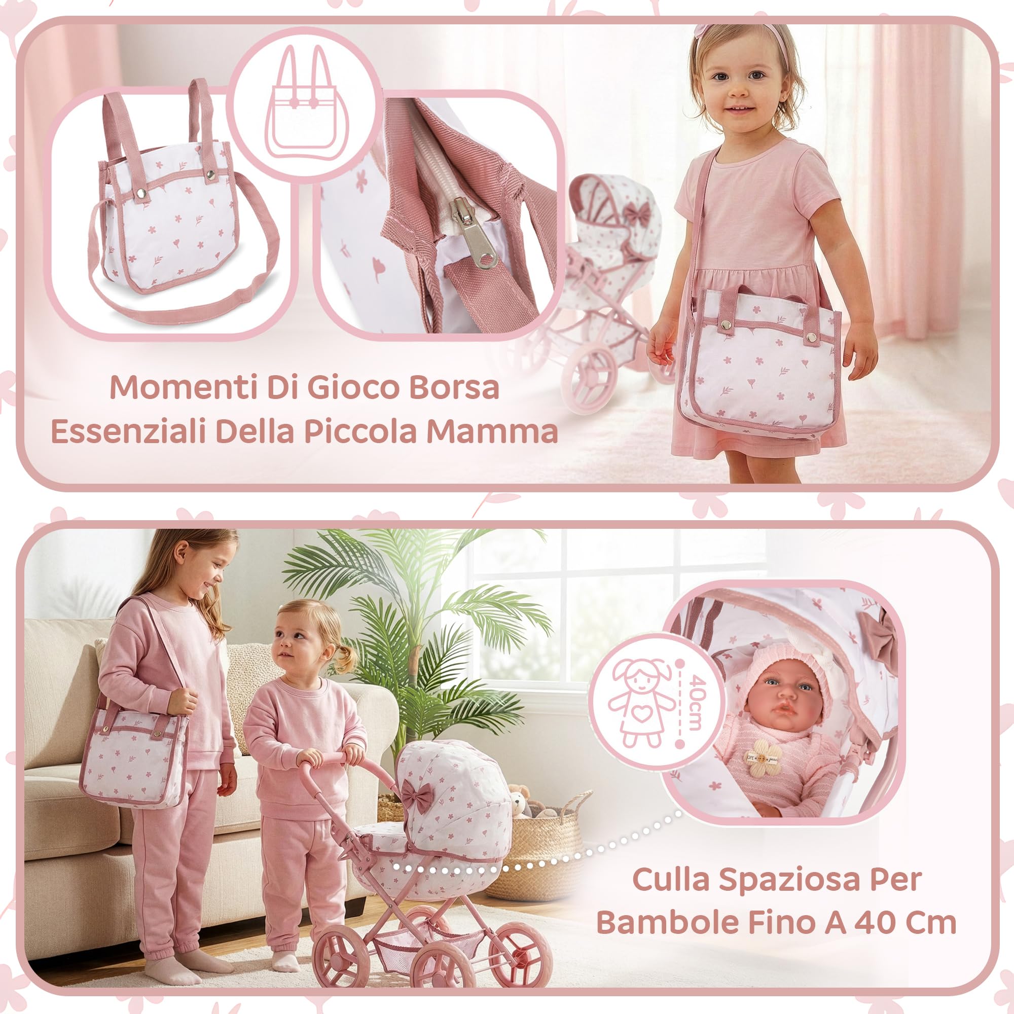 Carrozzina per bambole dai 2 anni – Passeggino per bambole pieghevole per bambini con borsa e cestino, ruote silenziose, passeggino leggero giocattolo per bambine