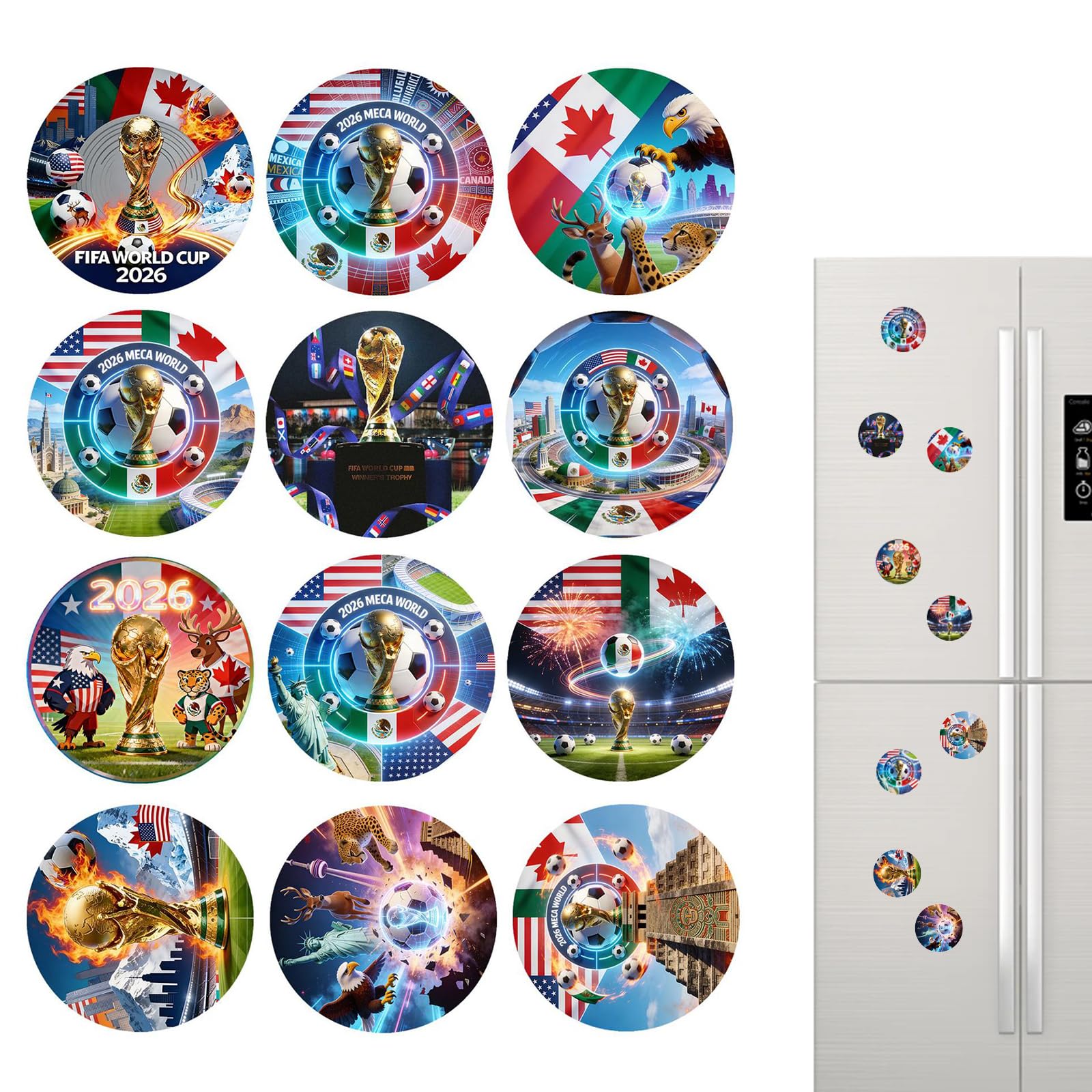 12-tlg Fußball Kühlschrankmagnete Set 25mm, Fußball Fanartikel mit Pokal & Flaggen, Starke Magnete für Fußball Deko, Fußball Geschenke für Fußballer & Fans