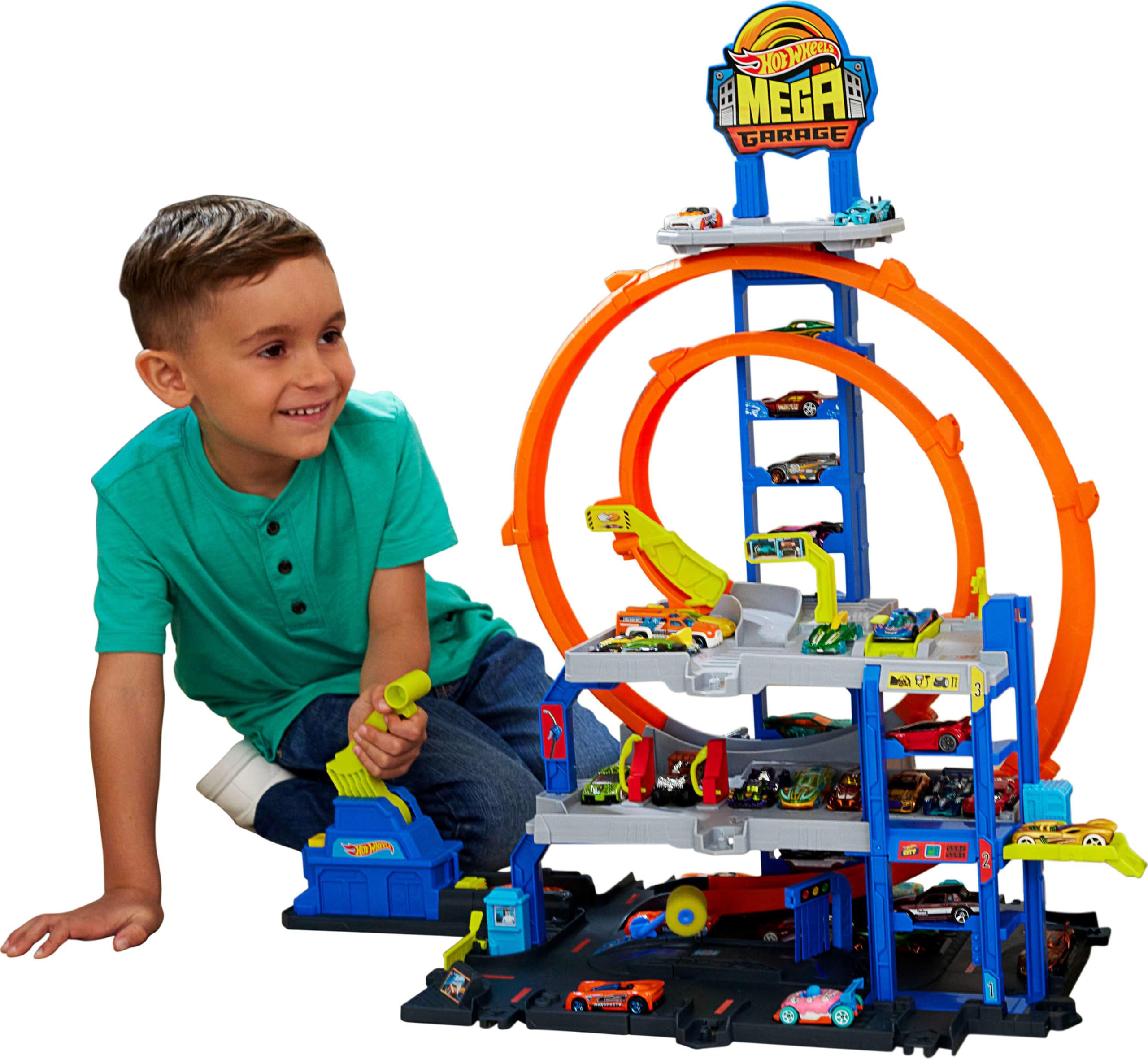 Hot Wheels Mega Loop Garage Track Set with Toy Car & Helicopter