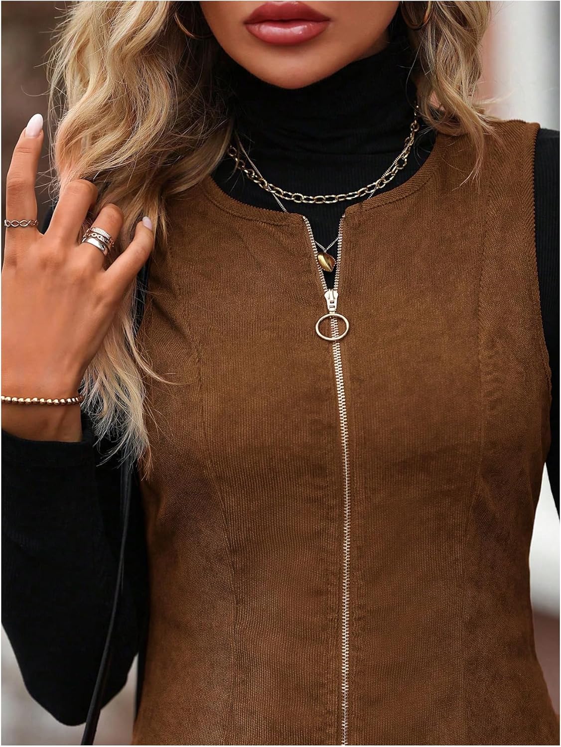 Floerns Women's Corduroy Overall Dress Sleeveless Zip Up Crewneck Fall Outfit Pinafore Dresses - Image 4