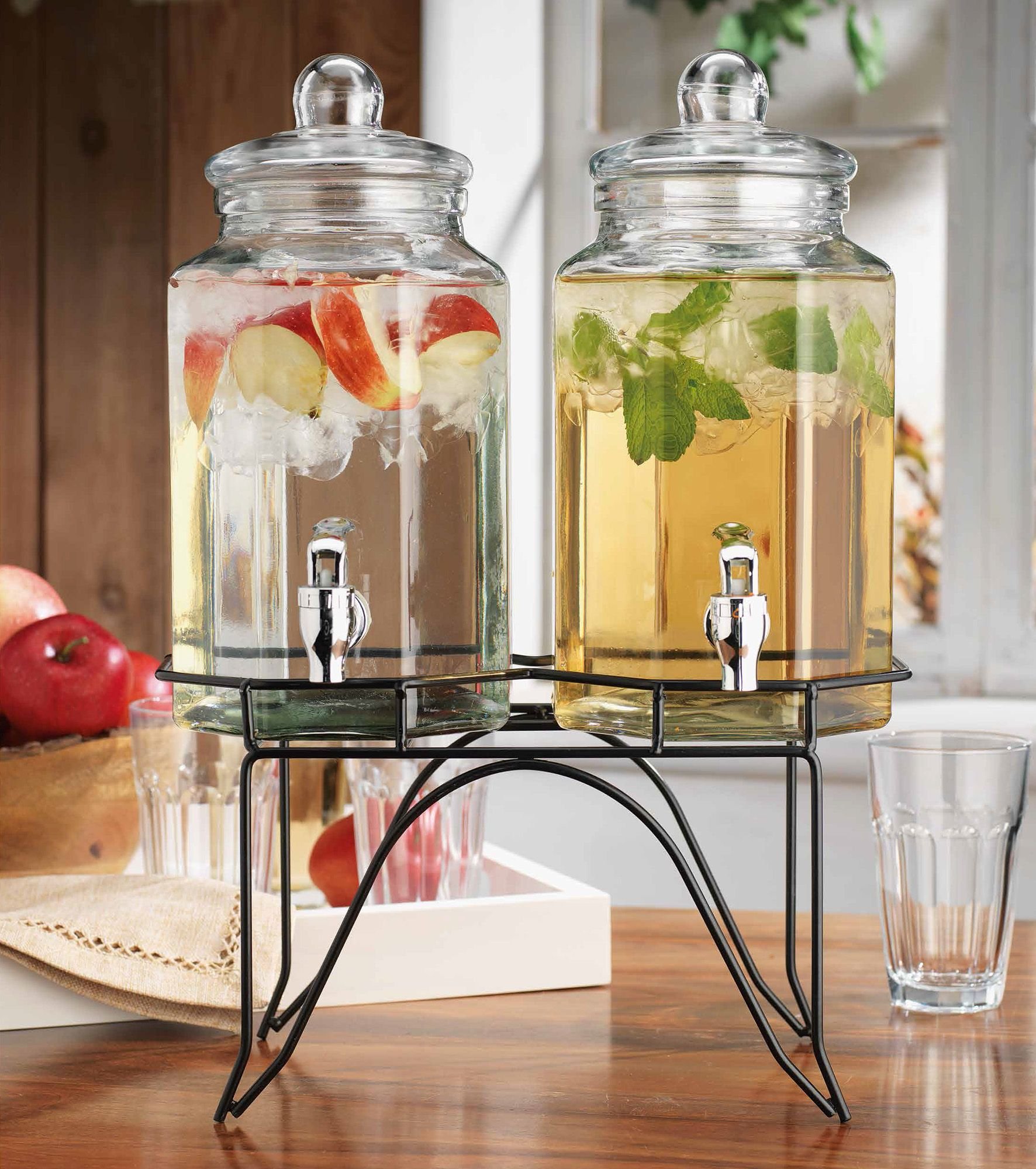 Classic Double 1 Gallon Ice Cold Clear Glass Beverage Drink Dispenser With Spigot & Metal Stand- Great For Outdoor, Parties. & Daily Use