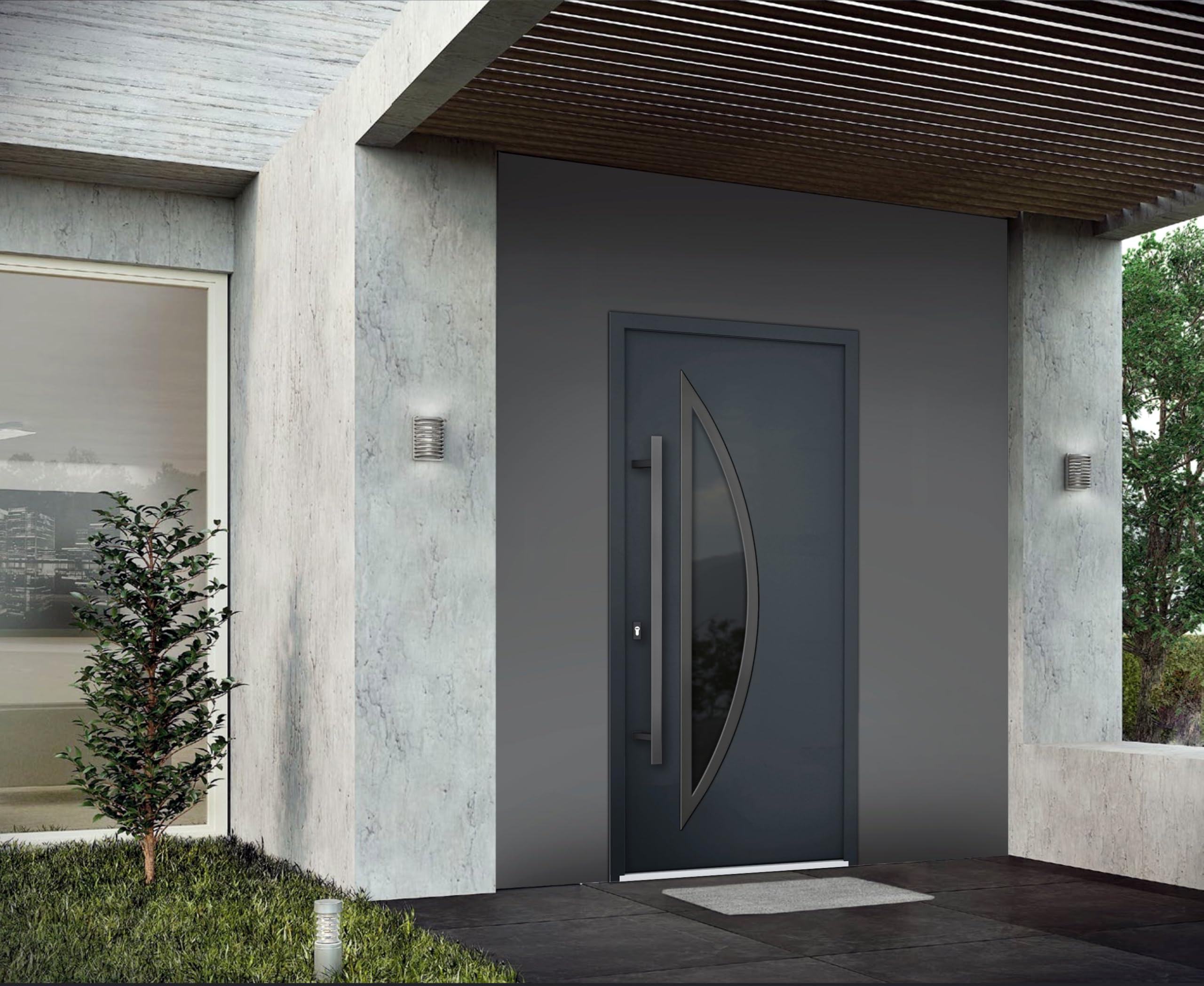 VDOMDOORS Front Exterior Prehung Steel Door/Deux 6501 Anthracite/Stainless Inserts Single Modern Painted-W36 x H80-Right-hand Inswing