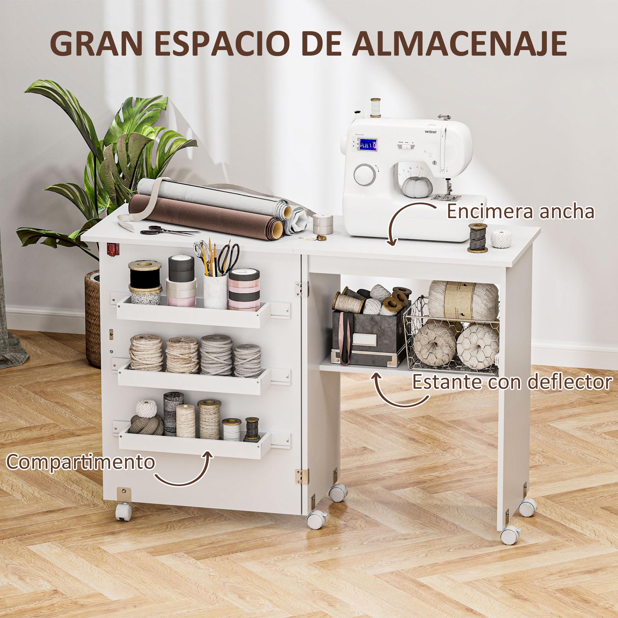 HOMCOM Mueble para Máquina de Coser Mesa Plegable de Costura con Compartimentos de Almacenamiento Estante Abierto y 5 Ruedas Mesa para Máquina de Coser para Dormitorio Salón Blanco