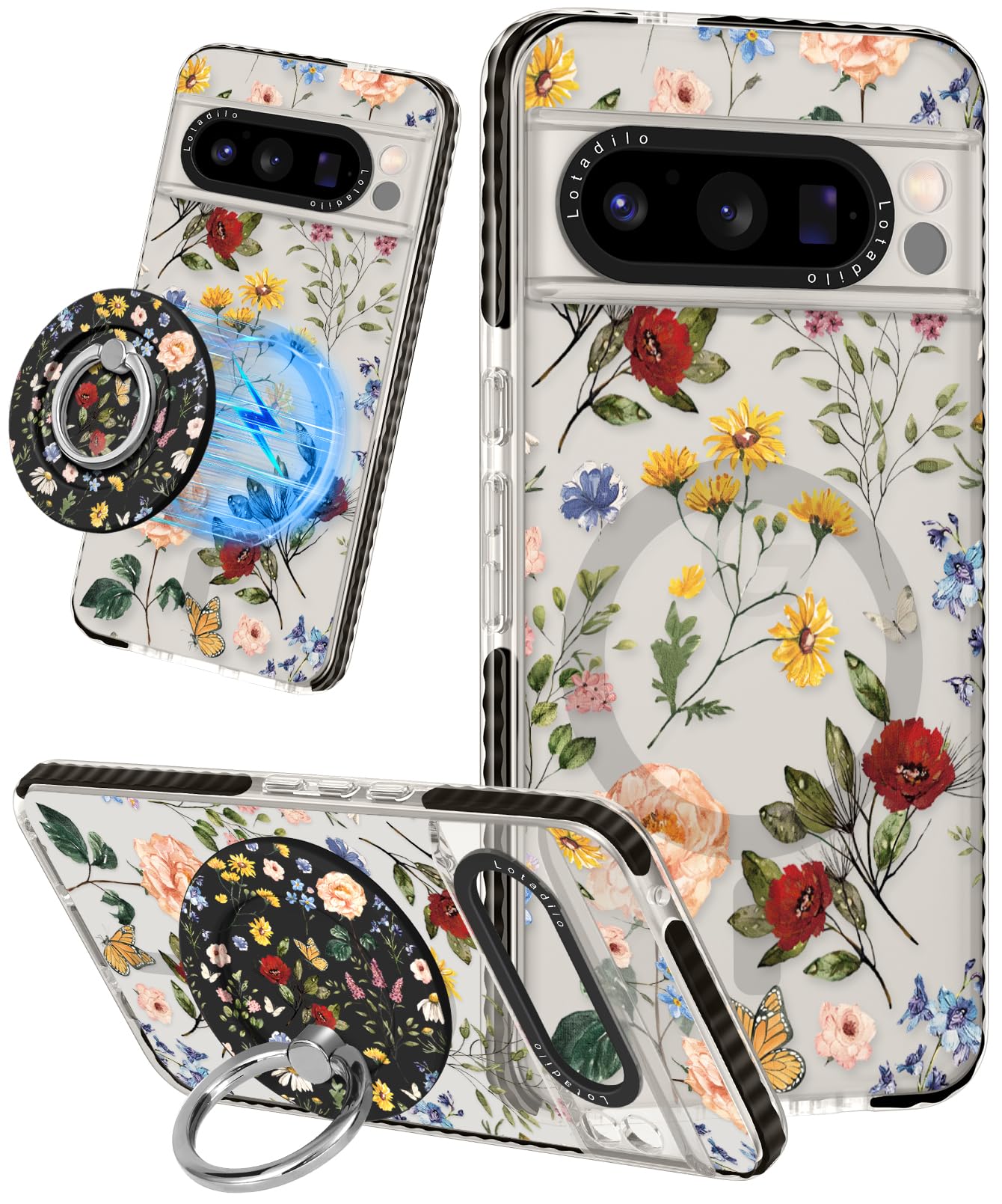 Cute for Google Pixel 8 Pro Case - Compatible with Magsafe Magnetic Ring Holder Stand Kickstand for Women Girls Girly Funny Fashion Pretty TPU Phone Covers Retro Flower Design