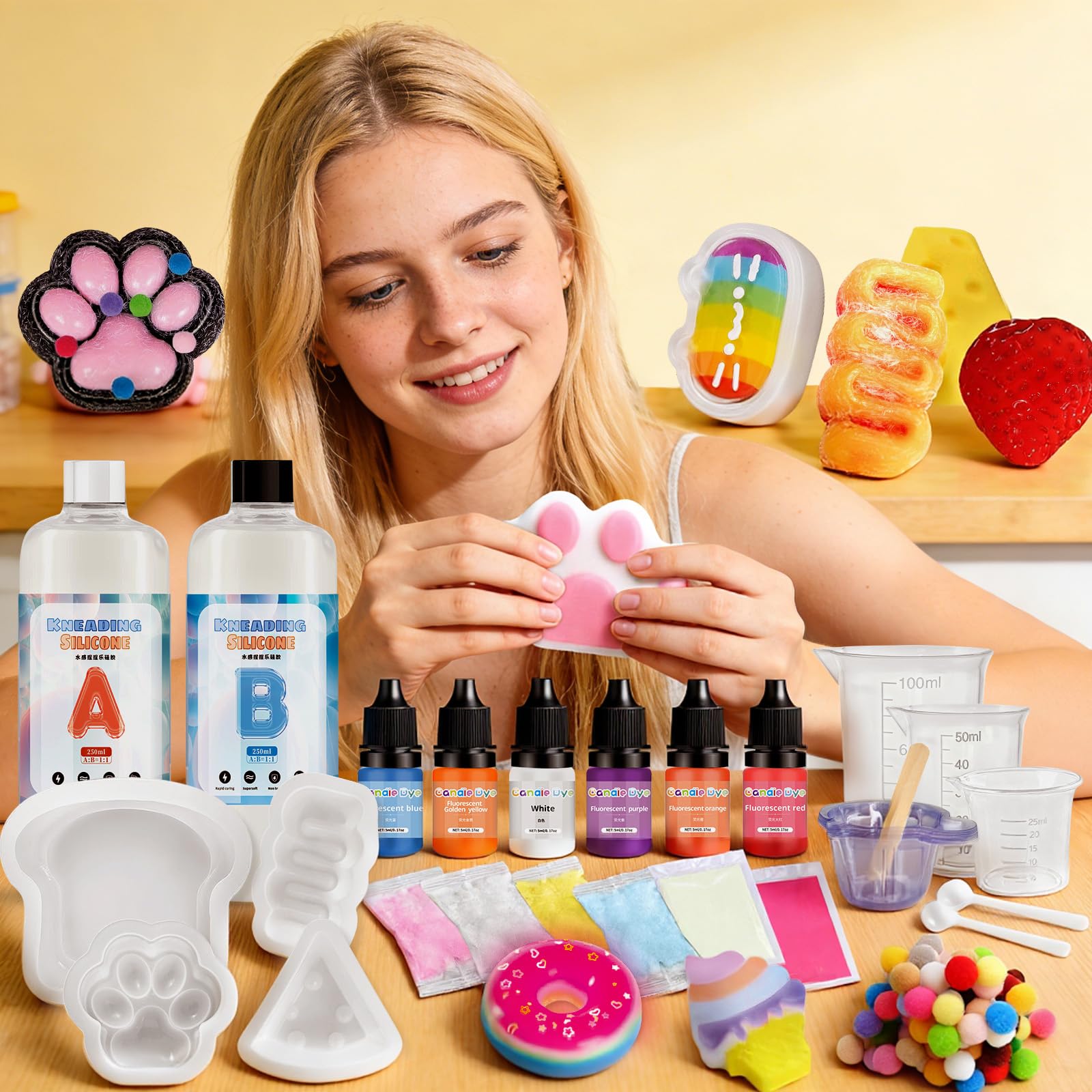 Kit de fabrication à squishy - 500 ml - En silicone liquide - Rapport 1:1 - Cadeau créatif avec forme, gant, verre doseur, bâtonnets en bois B