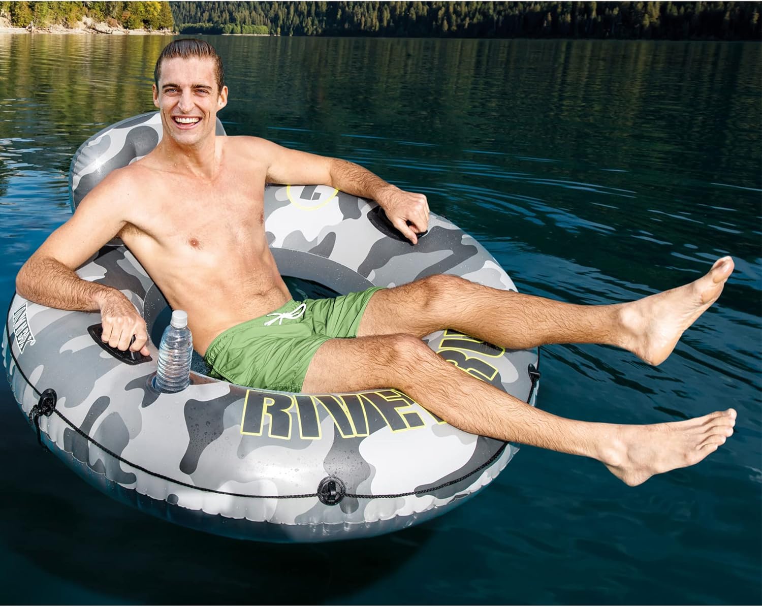 Intex 56835EP River Run I Camo Inflatable Floating Towable Water Tube Raft with Cup Holders and Handles for River, Lake, or Pools, Gray Camo (4 Pack)