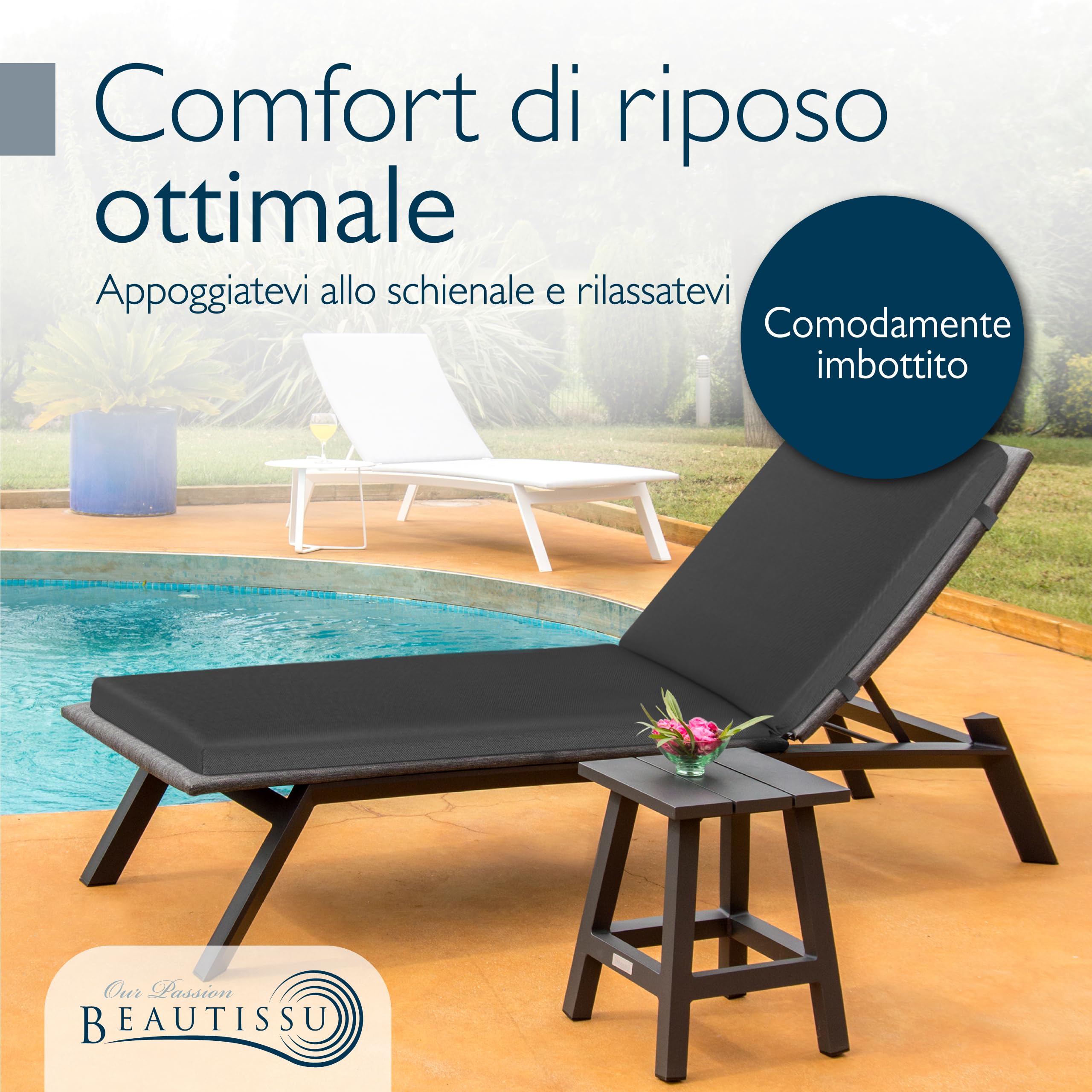 Beautissu Cuscini per sedie a sdraio da giardino Impermeabili Cuscino per sdraio 190x60 cm Cuscino resistente alle intemperie ad asciugatura rapida Lavabile - Cuscini per sdraio giardino Anthracite