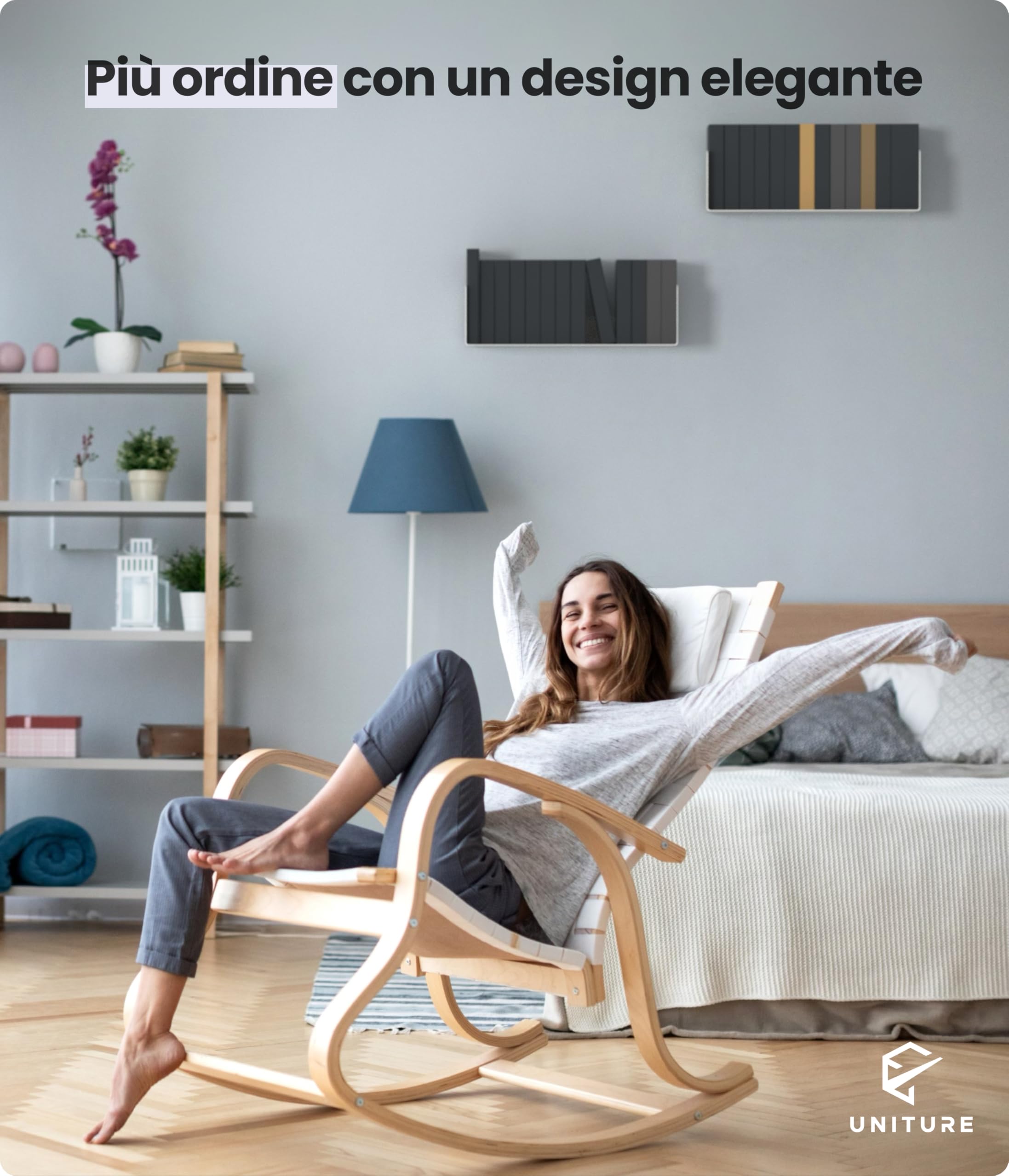 UNITURE® - Set di 2 mensole da Parete Bianche – Moderno Design da Parete – 2 x 40 cm libreria sospesa, Listello Bianco – Mensola Bianca – Mensola da Parete Bianca