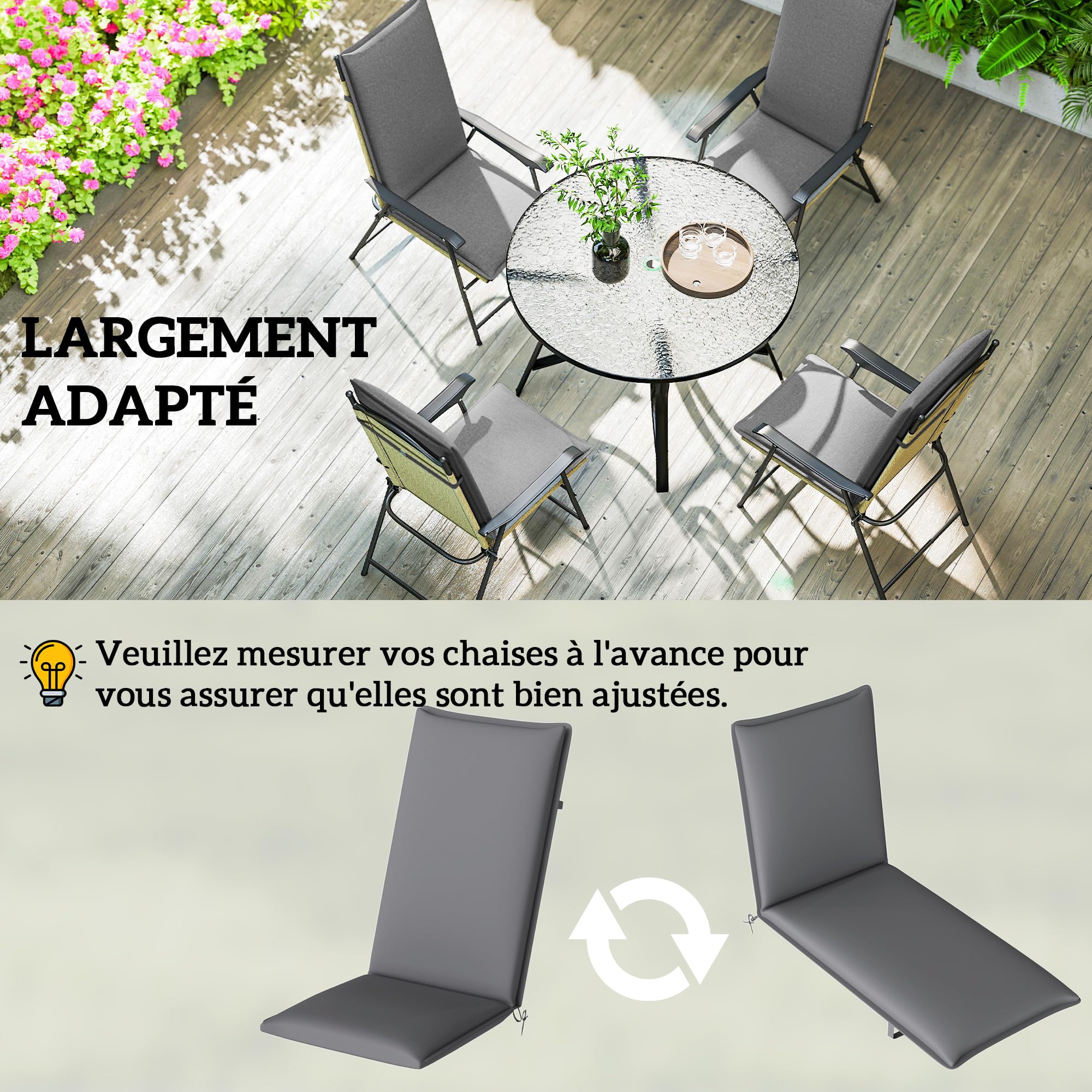 Outsunny Lot de 4 Coussins de Chaise d'Extérieur UPF50+ 124x50x5cm Gris