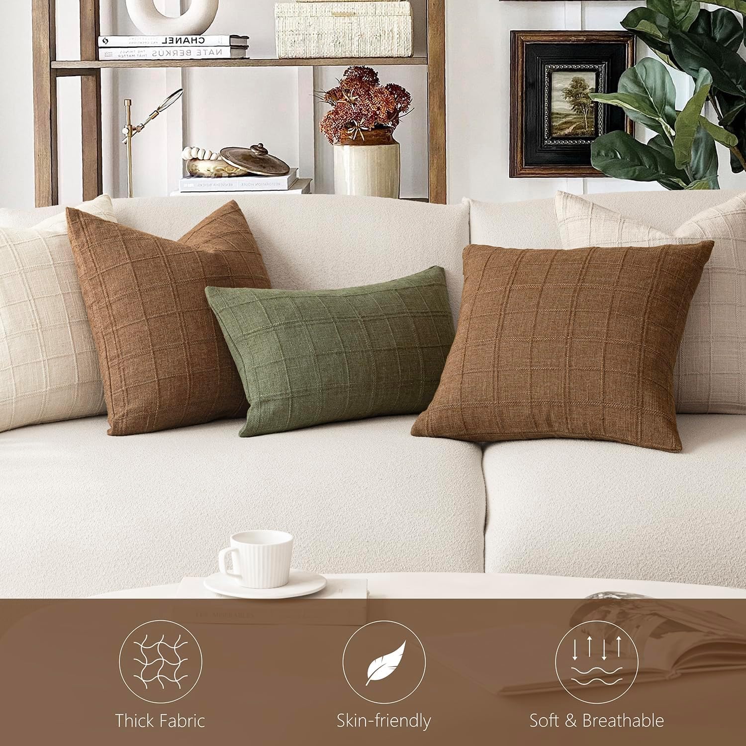 Foindtower Set of 2 Decorative Linen Check Throw Pillow Covers Neutral Farmhouse Vintage Cushion Covers Modern Boho Home Decor for Sofa Chair Couch Bedroom Living Room,20×20 Inch,Brown Hazel - Image 7