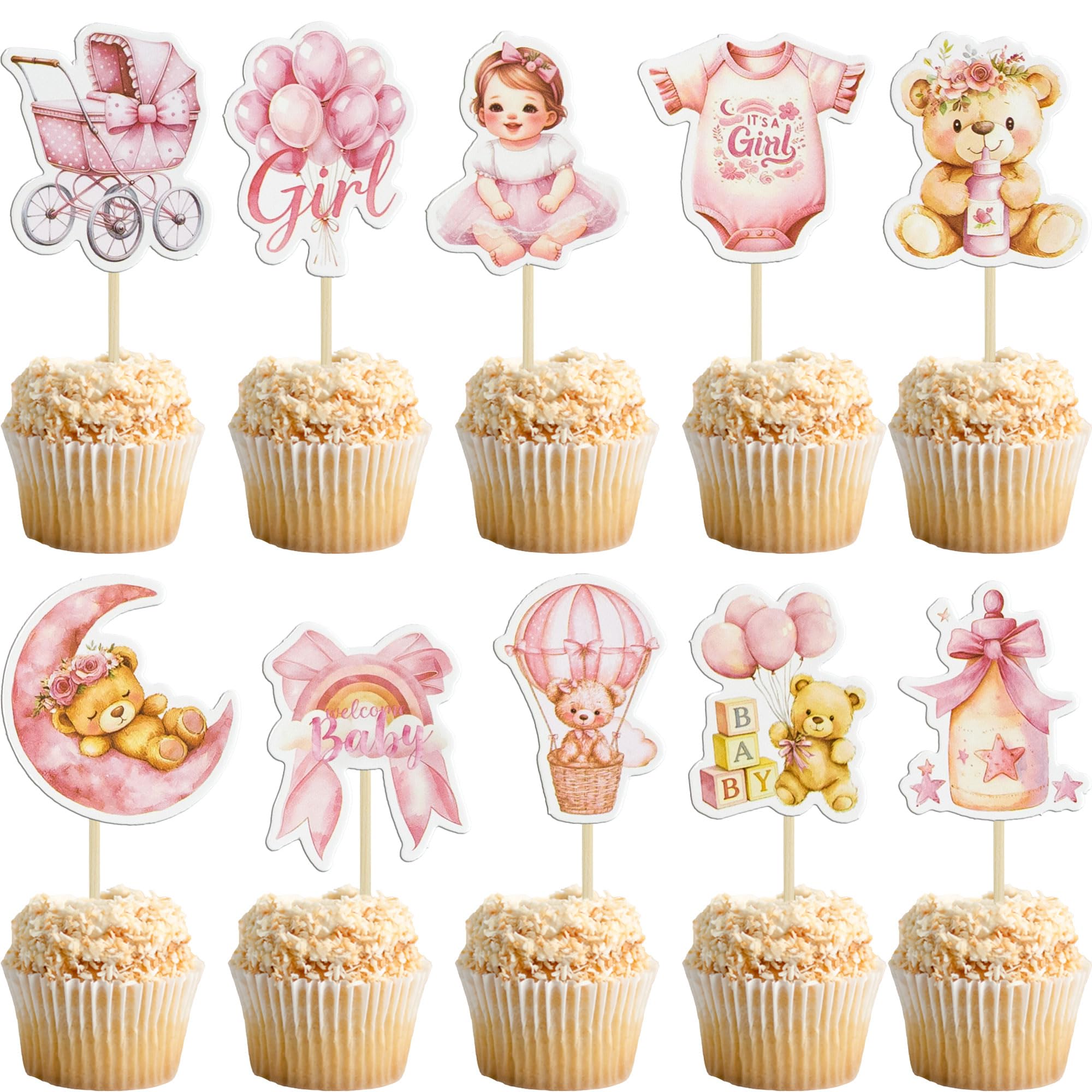 Ephlyn 40Pcs Baby Girl Cupcake Toppers Moon Star It's a Girl Cupcake Picks Balloon Bear Baby Shower Decorations for Birthday Gender Reveal Baby Shower Party Cake Decorations Supplies Deep Pink